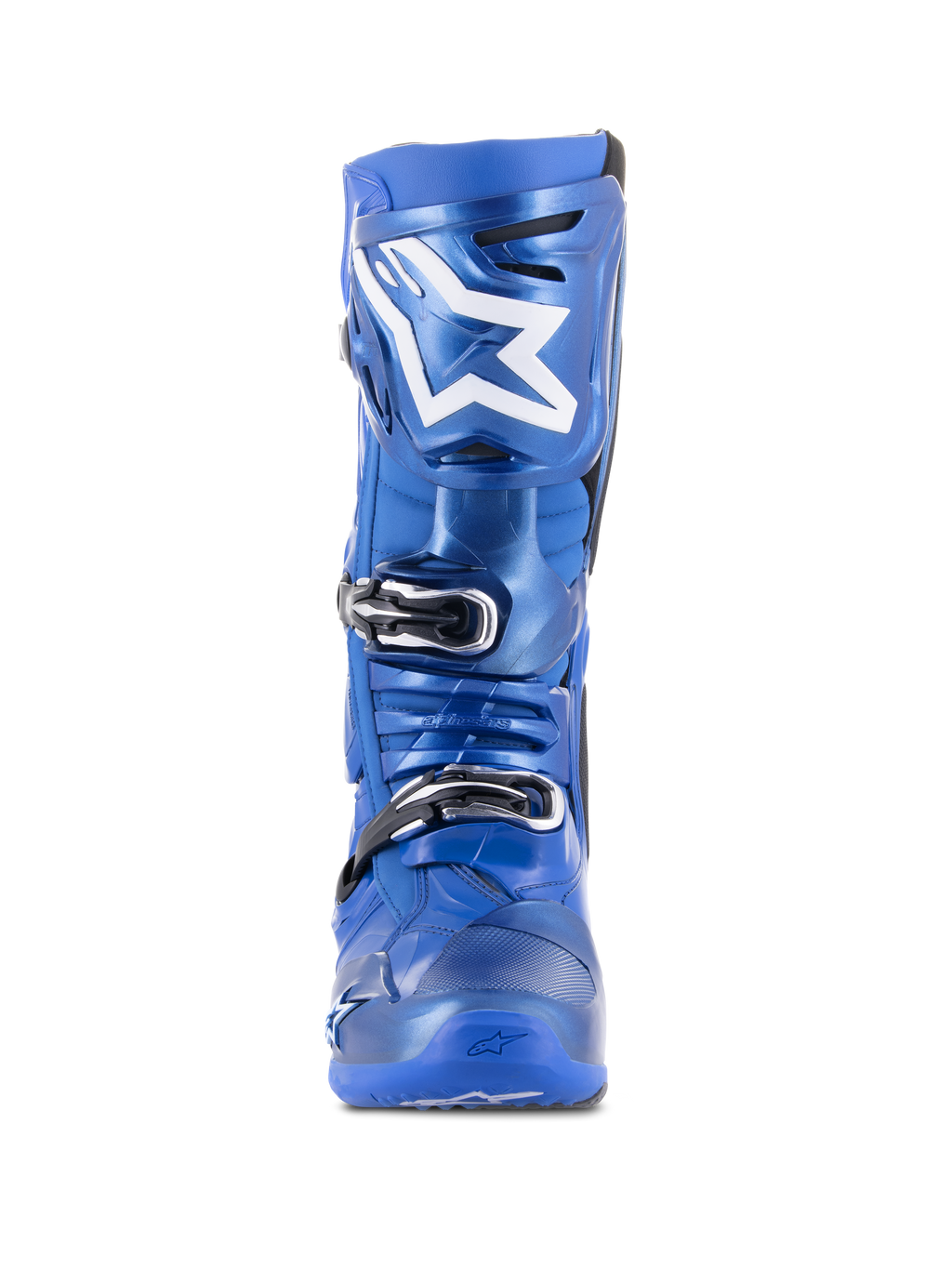 Alpinestars Tech 10 motocrosslaarzen, blauw en zwart, vooraanzicht, voorzien van wit Astars-logo op de scheenplaat, zwart met zilveren drievoudig gespsluitsysteem, duurzame TPU-schaalconstructie voor off-road prestaties
