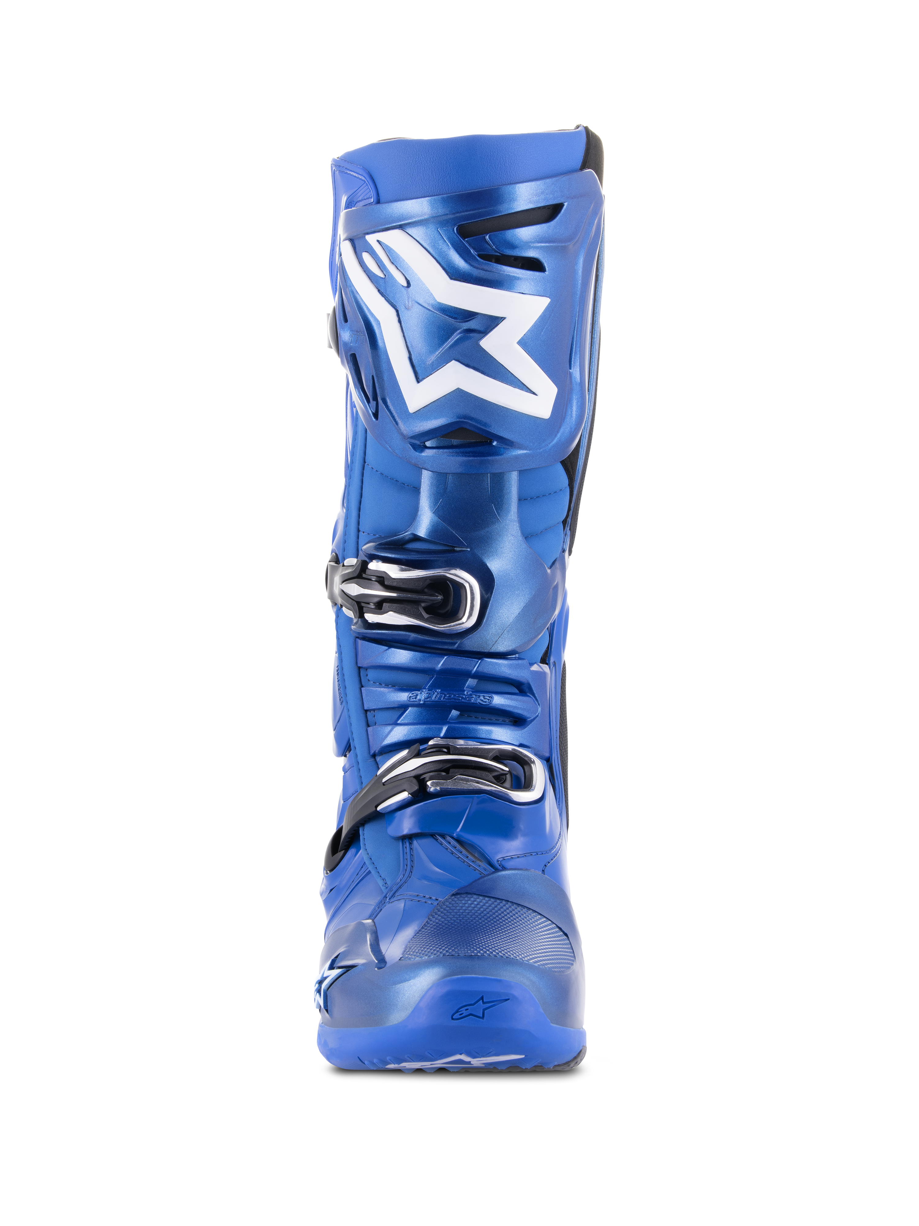 Alpinestars Tech 10 motocrosslaarzen, blauw en zwart, vooraanzicht, voorzien van wit Astars-logo op de scheenplaat, zwart met zilveren drievoudig gespsluitsysteem, duurzame TPU-schaalconstructie voor off-road prestaties