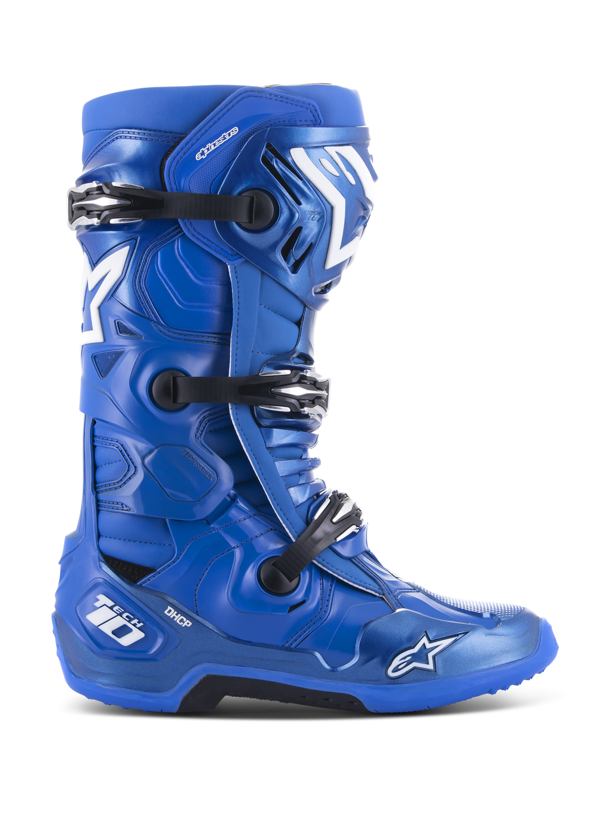 Alpinestars Tech 10 Motocross Boots, Blue with white and black accents, side profile, triple buckle closure system, DHCP heel protection, star logo and Tech 10 branding, rugged high-grip sole, professional off-road racing gear