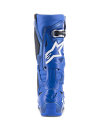 Alpinestars Tech 10-laarzen, blauw en zwart, achteraanzicht met wit sterlogo en gespdetail, hoogwaardig motorcross-schoeisel voor off-road racing