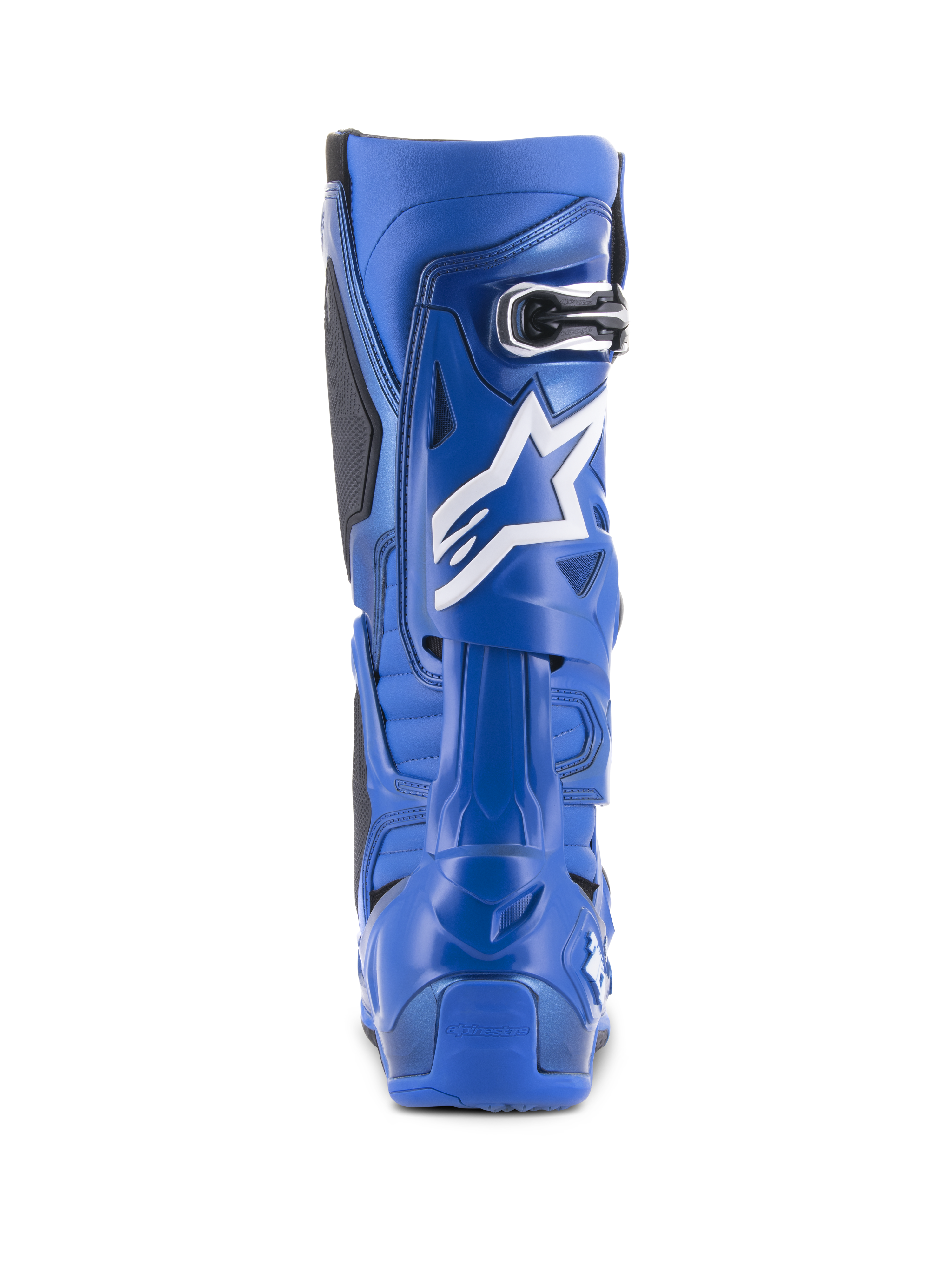 Alpinestars Tech 10-laarzen, blauw en zwart, achteraanzicht met wit sterlogo en gespdetail, hoogwaardig motorcross-schoeisel voor off-road racing
