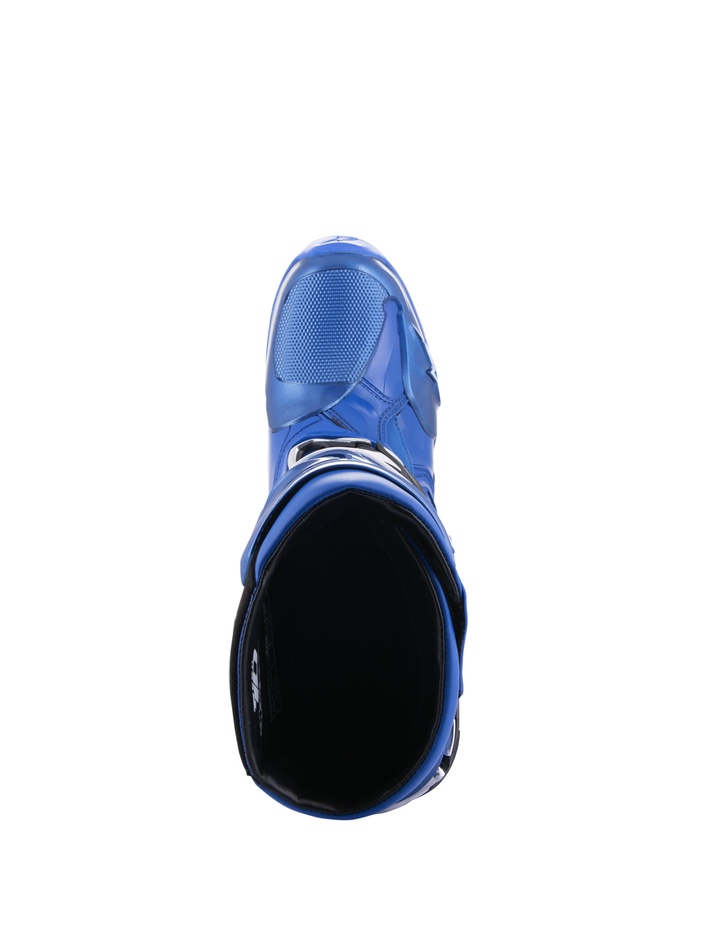 Alpinestars Tech 10 laarzen, motorcrosslaarzen, blauw en zwart, bovenaanzicht met zicht in de binnenvoering en kuitopening, toont het gestroomlijnde ontwerp en de beschermende TPU-schaal