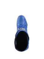 Alpinestars Tech 10 laarzen, motorcrosslaarzen, blauw en zwart, bovenaanzicht met zicht in de binnenvoering en kuitopening, toont het gestroomlijnde ontwerp en de beschermende TPU-schaal