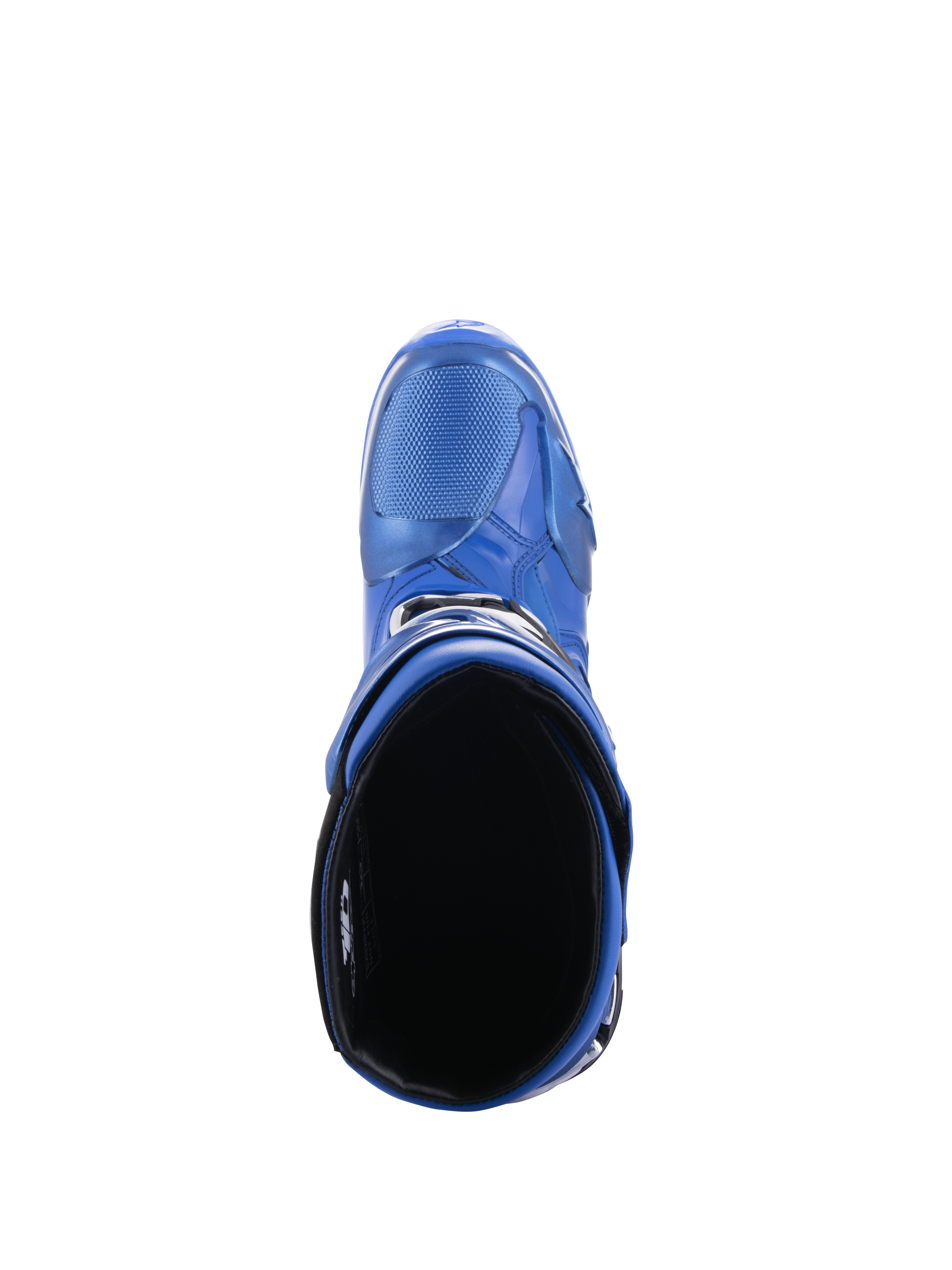 Alpinestars Tech 10 laarzen, motorcrosslaarzen, blauw en zwart, bovenaanzicht met zicht in de binnenvoering en kuitopening, toont het gestroomlijnde ontwerp en de beschermende TPU-schaal
