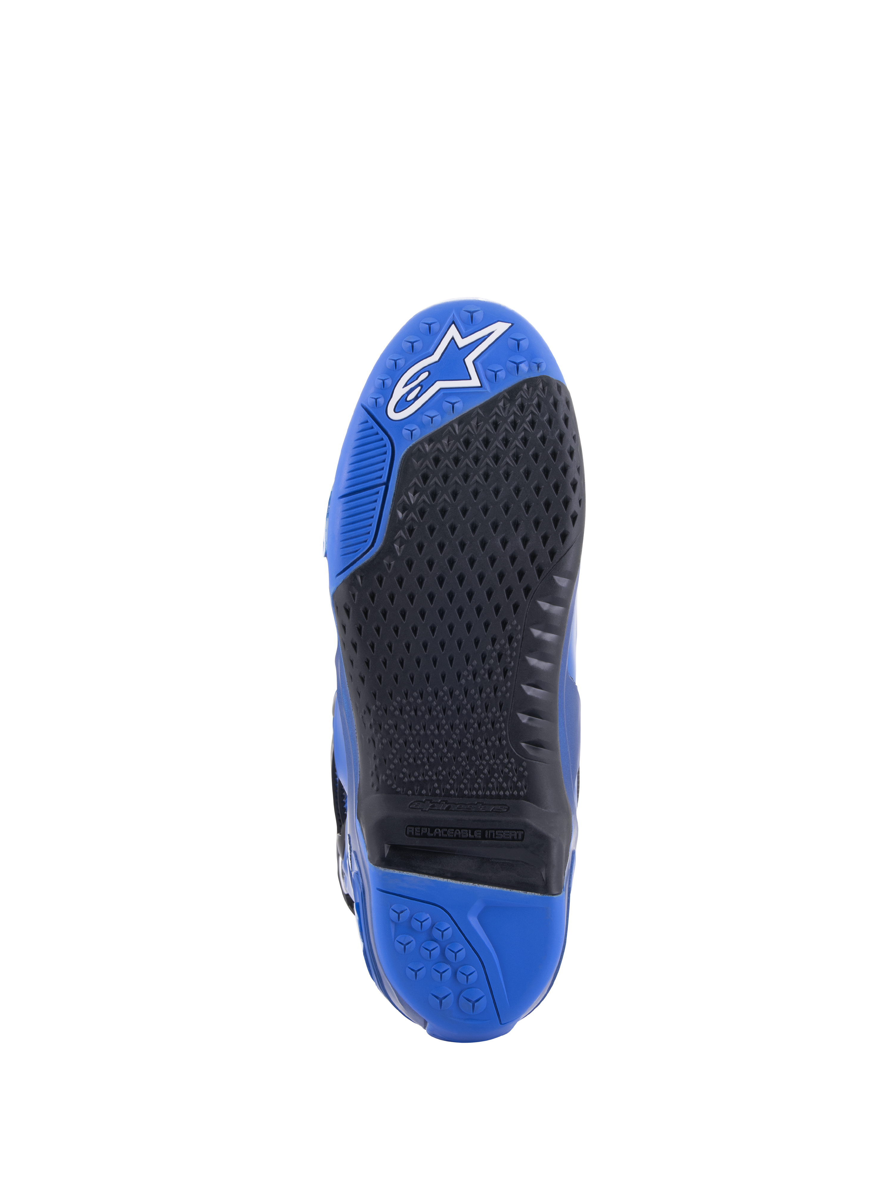 Alpinestars Tech 10 laarzen, blauw en zwart, gedetailleerde weergave van de zool met een zwart grippatroon met textuur en een vervangbaar centraal inzetstuk, blauwe neus met wit logo en blauwe hiel, hoogwaardig motorcrosslaars ontwerp