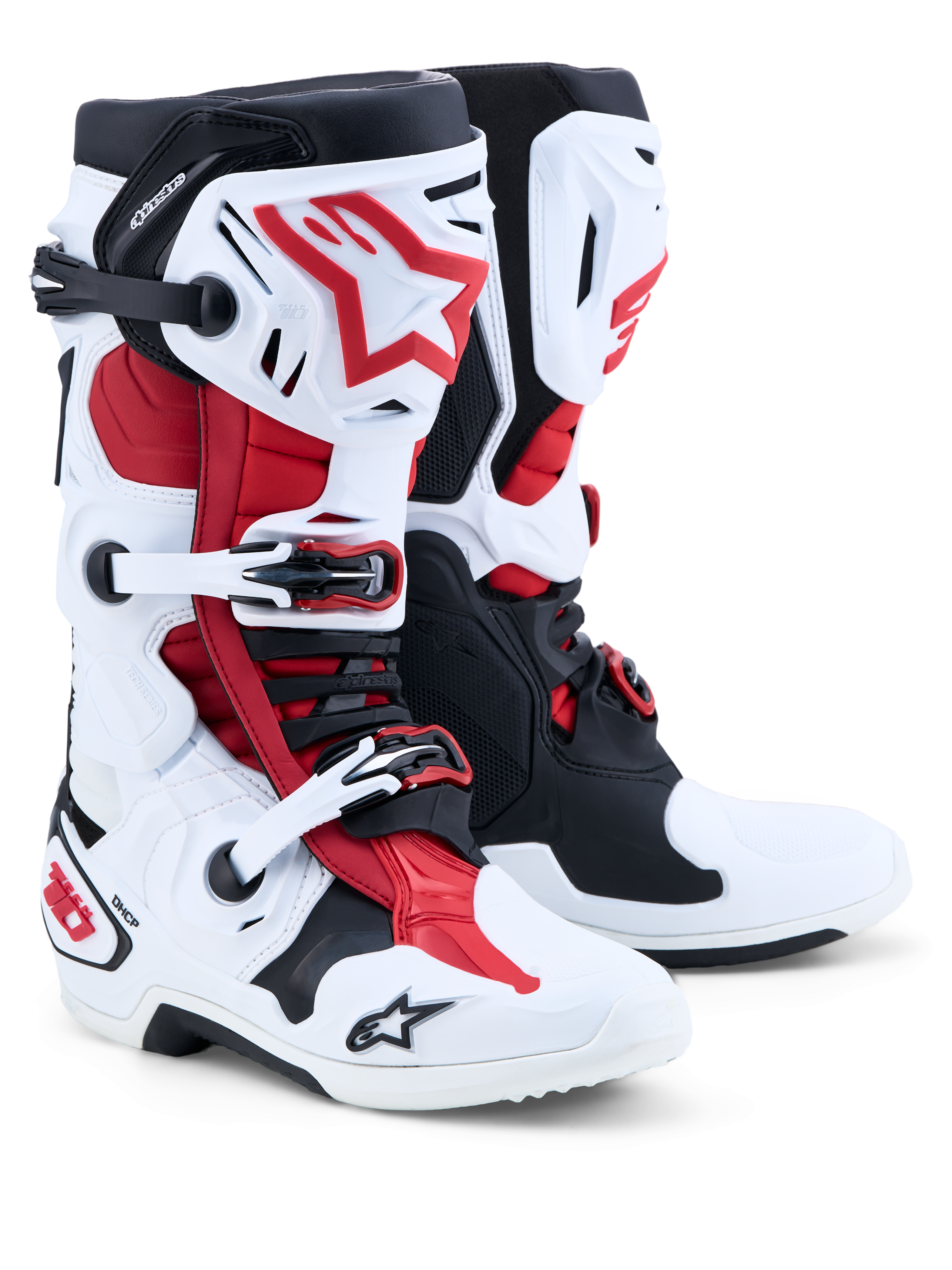 Alpinestars Tech-10 laarzen, motorlaarzen voor motocross, wit, zwart en felrood, CE-gecertificeerd met TPU-schaal.