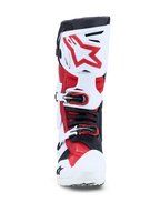 Alpinestars Tech-10 laarzen, professionele motocrosslaarzen voor heren, wit en helder rood, met geavanceerde enkelbescherming en gespsluiting, CE-gecertificeerd.