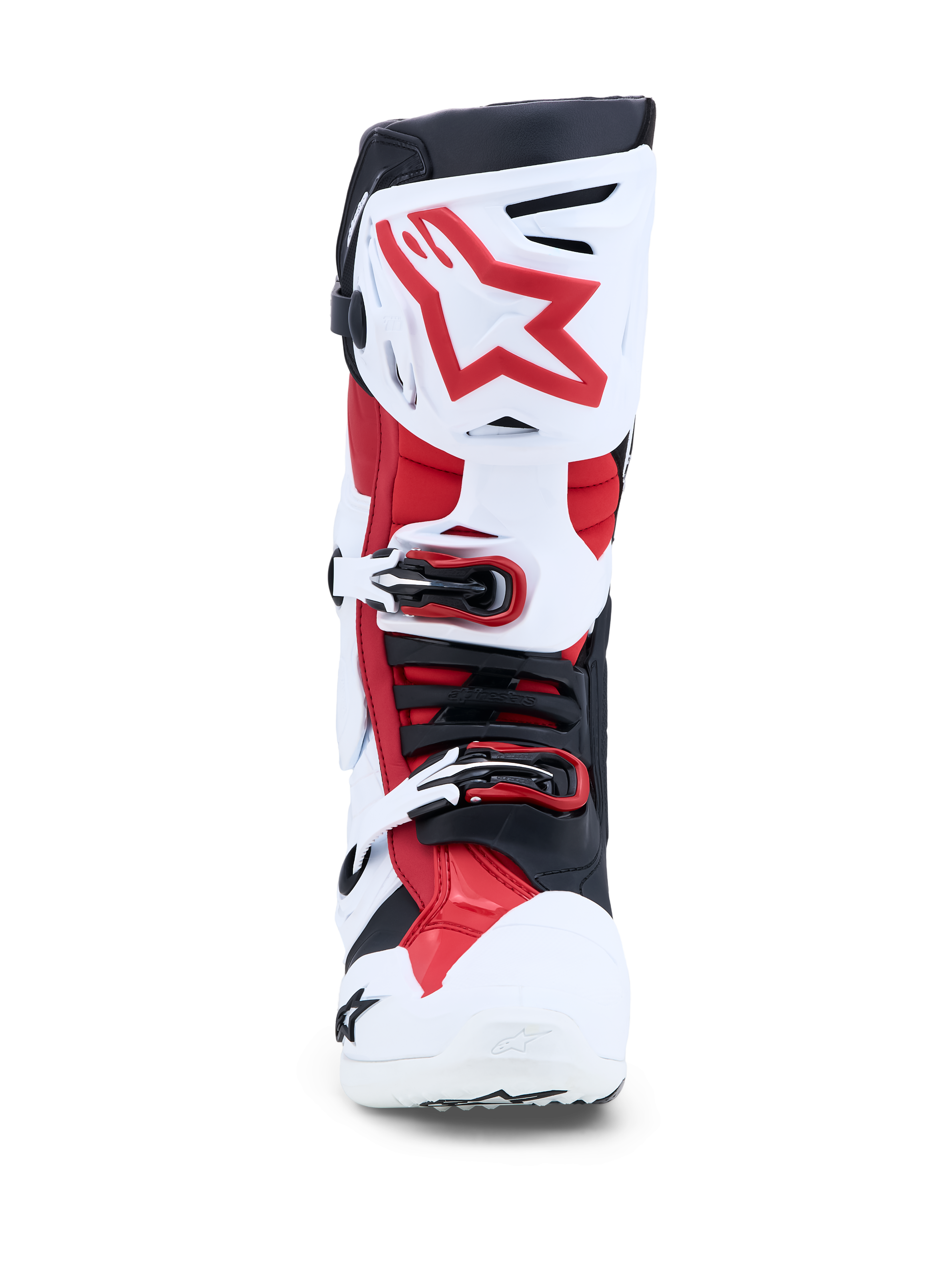 Alpinestars Tech-10 laarzen, professionele motocrosslaarzen voor heren, wit en helder rood, met geavanceerde enkelbescherming en gespsluiting, CE-gecertificeerd.