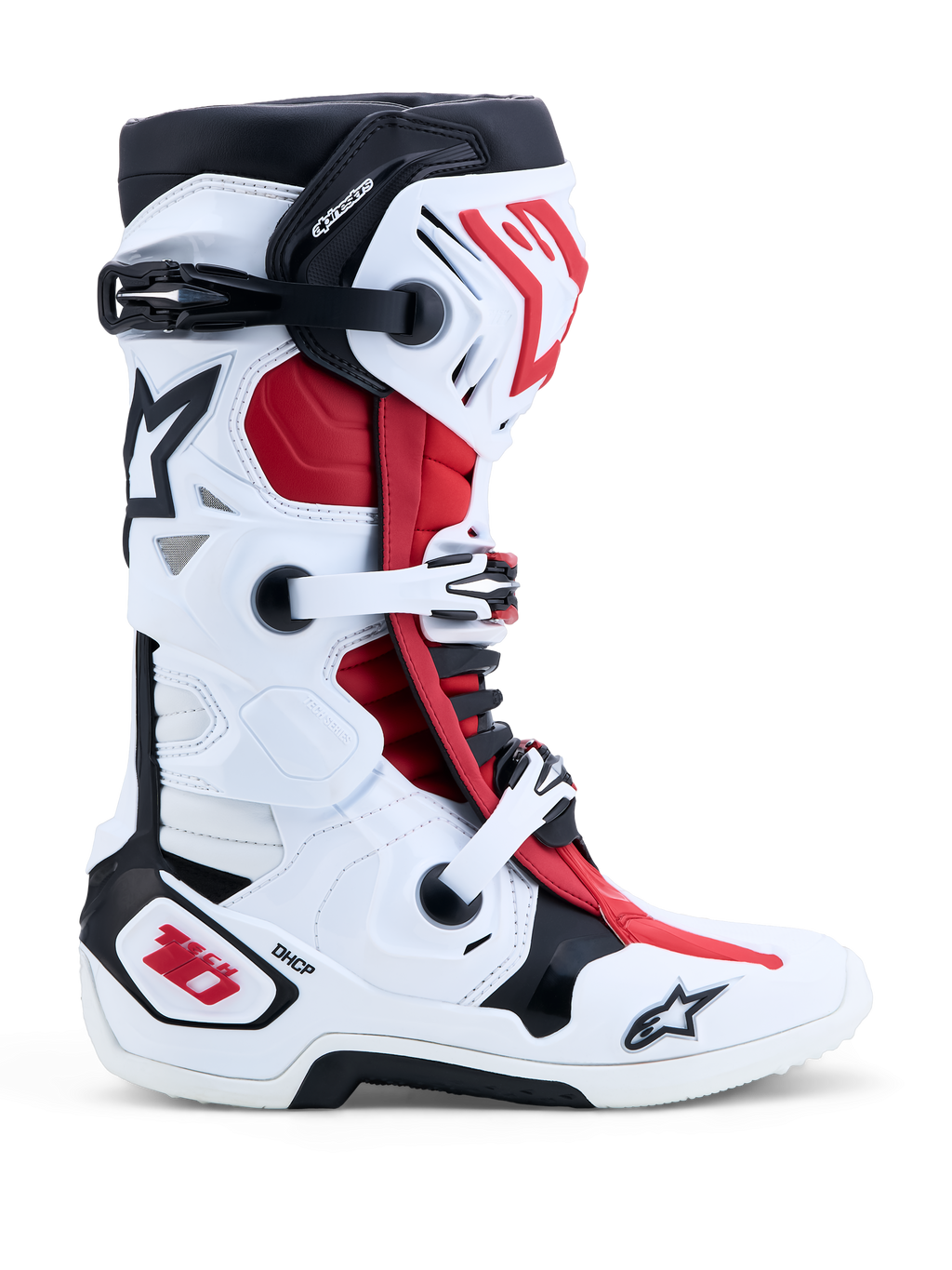 Alpinestars Tech-10 motorcrosslaarzen, wit, zwart en felrood, met DHCP-bescherming en een dubbel scharniersysteem, CE-gecertificeerd voor professioneel off-road gebruik.
