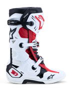 Alpinestars Tech-10 motorcrosslaarzen, wit, zwart en felrood, met DHCP-bescherming en een dubbel scharniersysteem, CE-gecertificeerd voor professioneel off-road gebruik.