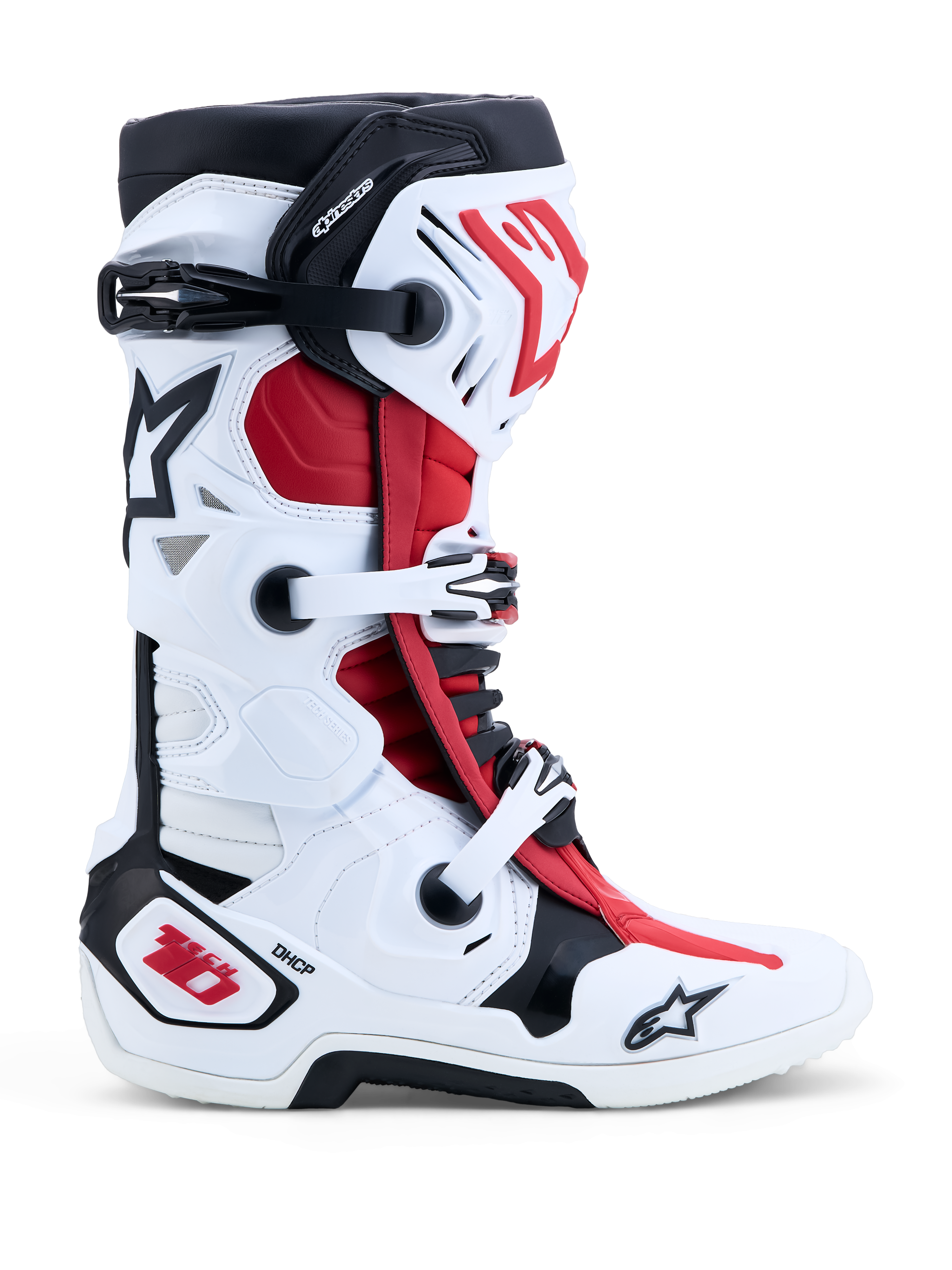 Alpinestars Tech-10 motorcrosslaarzen, wit, zwart en felrood, met DHCP-bescherming en een dubbel scharniersysteem, CE-gecertificeerd voor professioneel off-road gebruik.