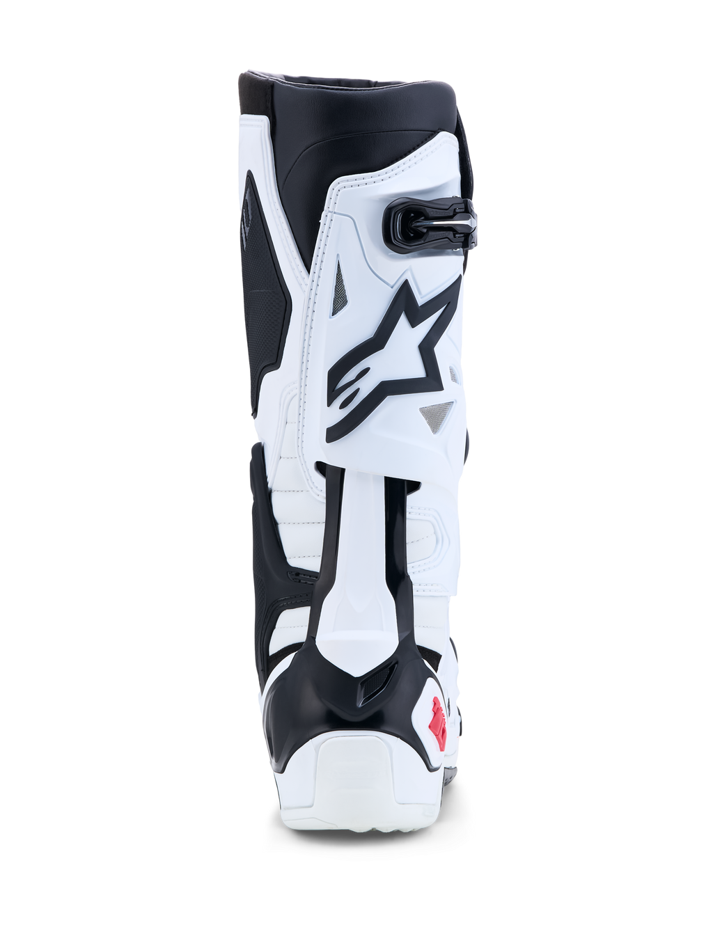Alpinestars Tech-10 laarzen, wit en zwart, motocross motorlaarzen met achterblad hyperextensiecontrole.