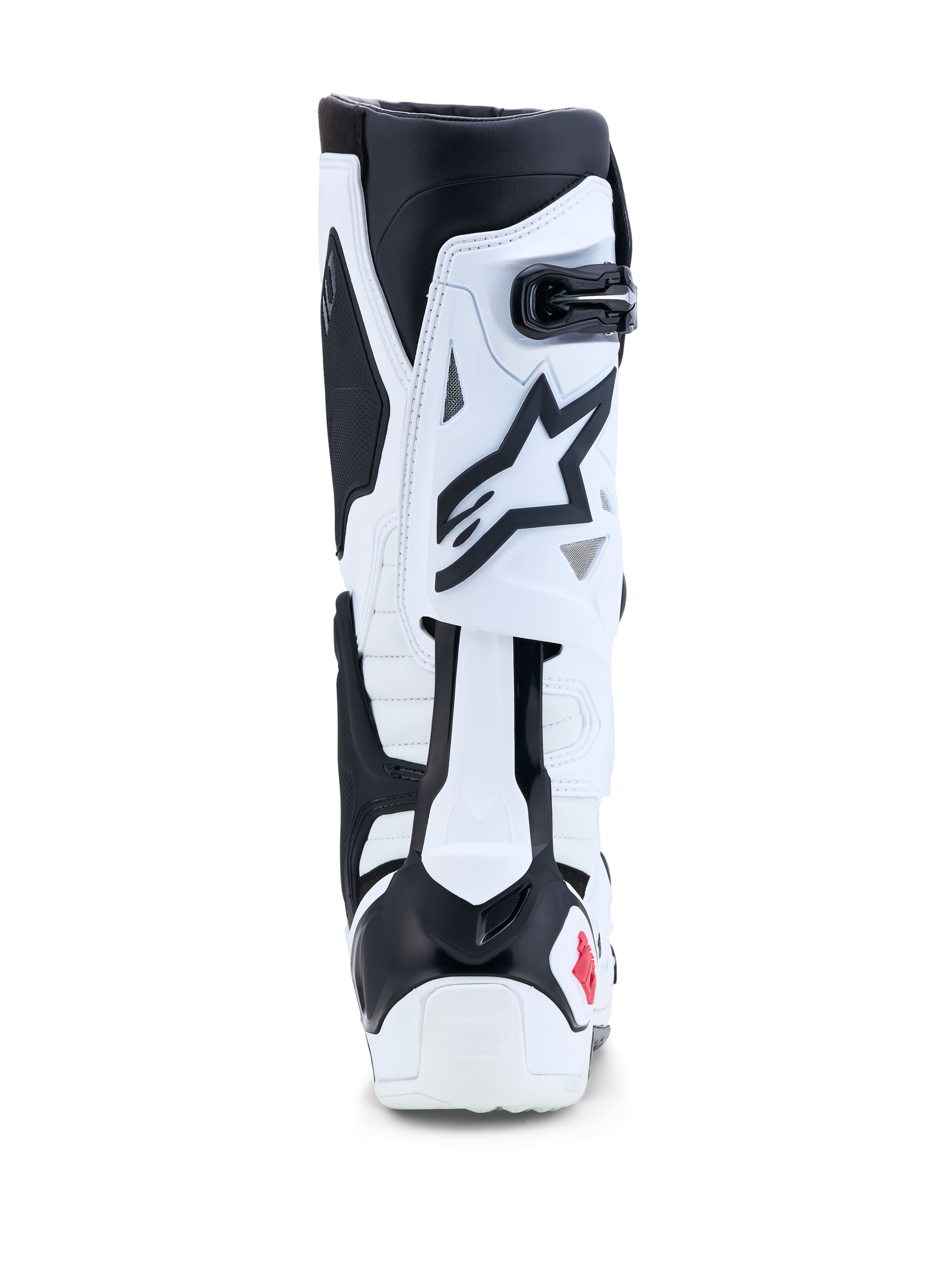 Alpinestars Tech-10 laarzen, wit en zwart, motocross motorlaarzen met achterblad hyperextensiecontrole.
