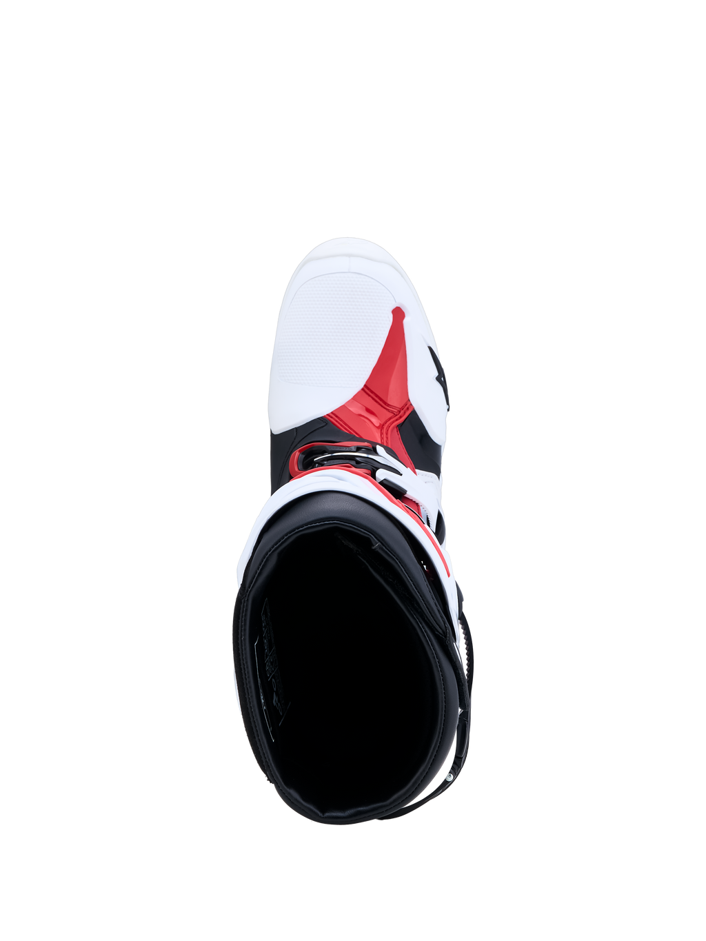 Alpinestars Tech-10 motocrosslaarzen, wit, zwart en rood, bovenaanzicht van het interieur en TPU-chassis.