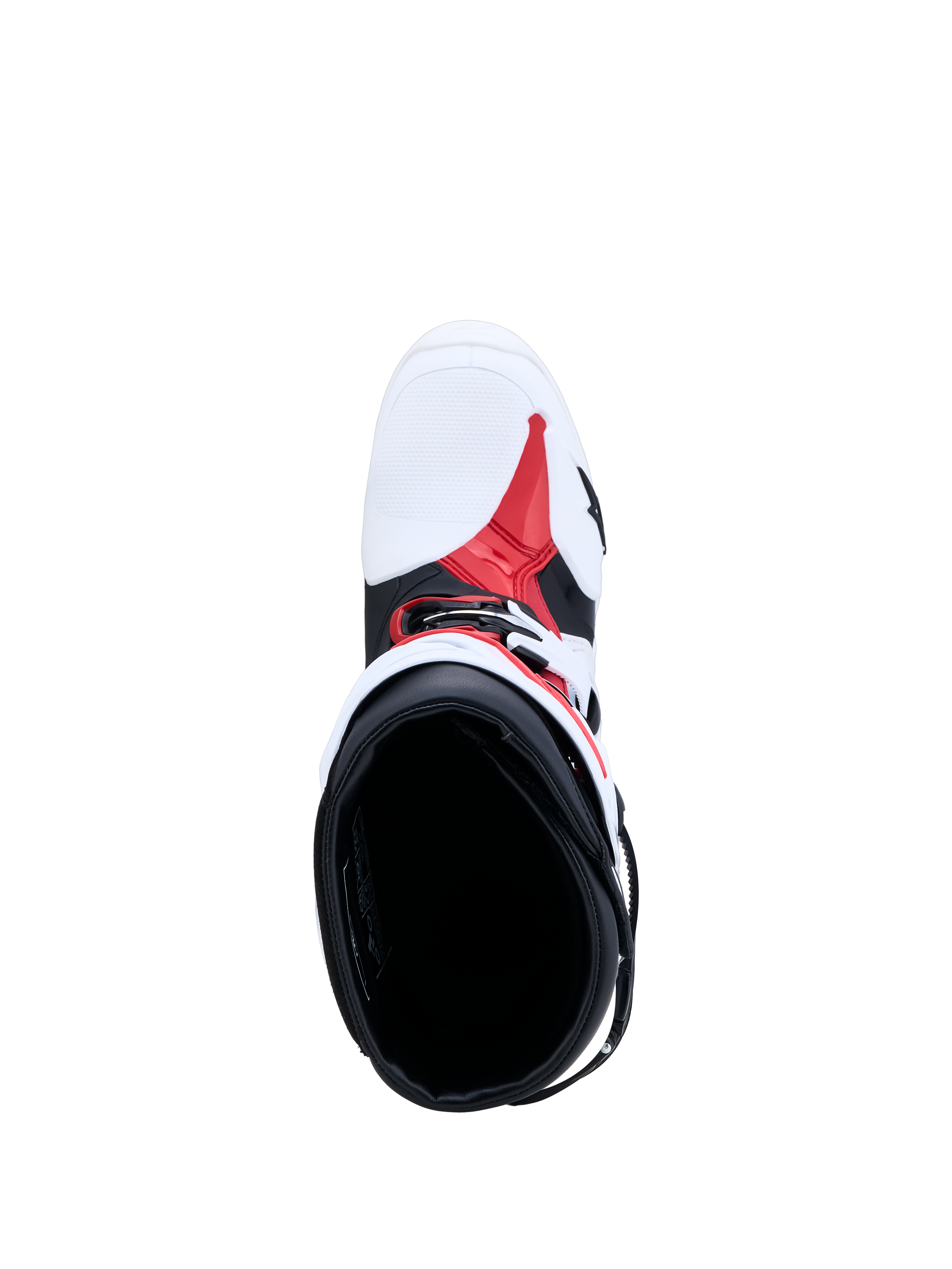Alpinestars Tech-10 motocrosslaarzen, wit, zwart en rood, bovenaanzicht van het interieur en TPU-chassis.