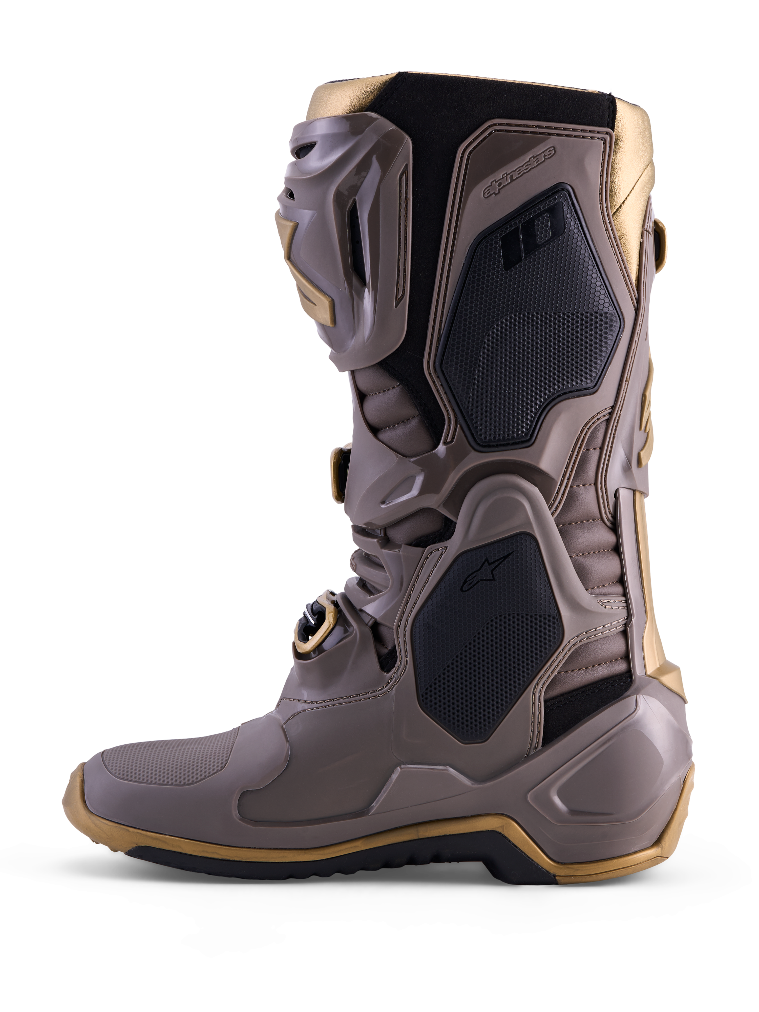 Alpinestars Tech 10 Air Gold Boots in Earth Brown Gold, featuring a protective TPU shell and metallic gold accents.