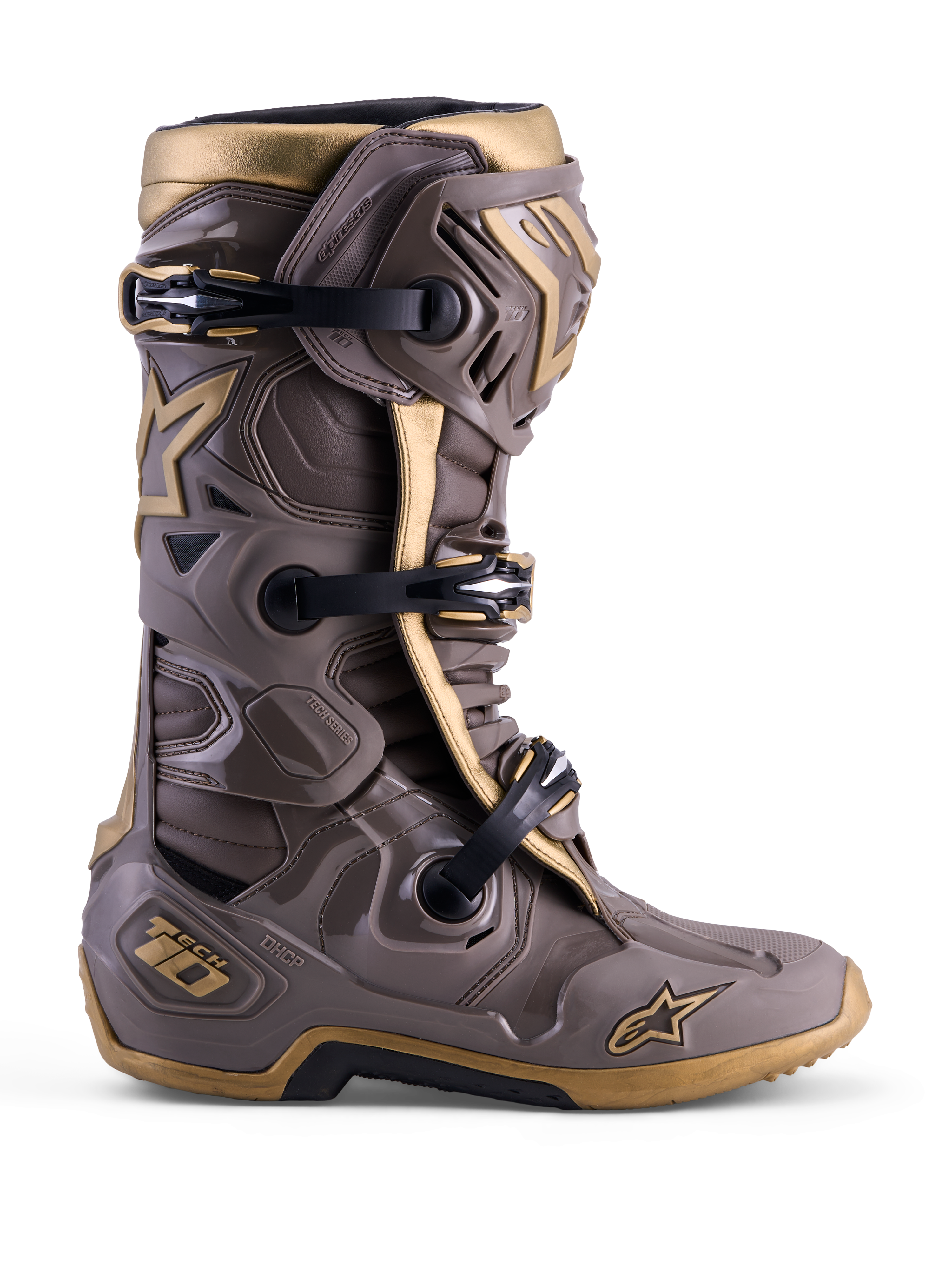 Alpinestars Limited Edition Tech 10 Air Gold motocross boot in Earth Brown Gold with a protective TPU shell.