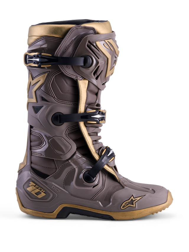 Alpinestars Limited Edition Tech 10 Air Gold motocross boot in Earth Brown Gold with a protective TPU shell.