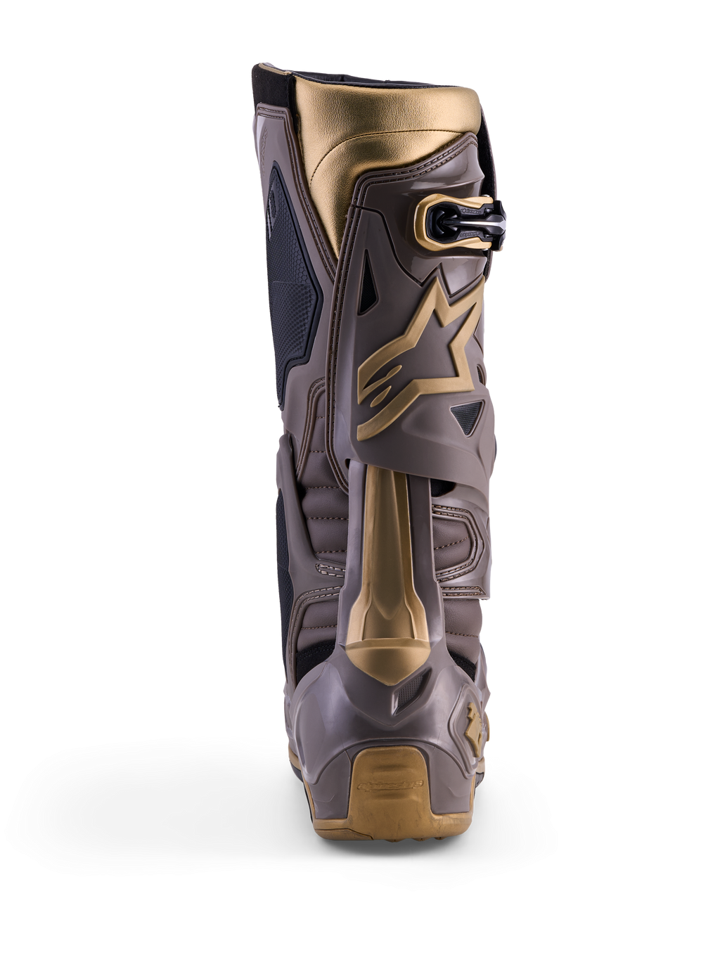 Alpinestars Tech 10 Air Gold Motocross Boots, rear view in Earth Brown Gold with TPU shell and gold accents.