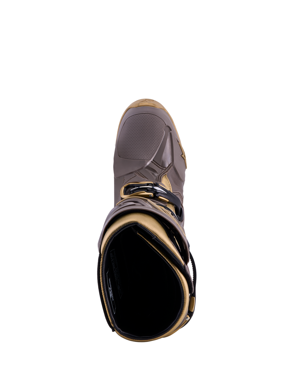 Alpinestars Tech 10 Air Gold boots in Earth Brown Gold, top-down view showing the TPU shell and inner lining.