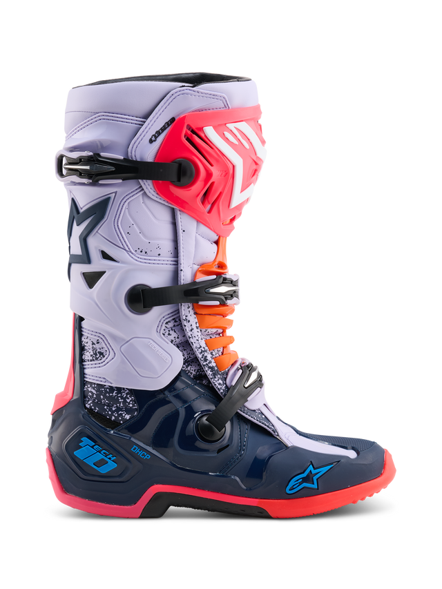 Alpinestars Limited Edition Tech 10 Records Boots, Motocross Boots, Multicolor with light purple upper and navy blue lower shell, pink and orange accents, triple buckle system, high-performance protective footwear for off-road riding