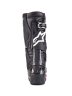 Alpinestars Tech 10 Enduro Boots, Black, Rear view of a single boot showing the white Alpinestars logo, durable TPU heel protector, and rugged enduro sole design for off-road racing