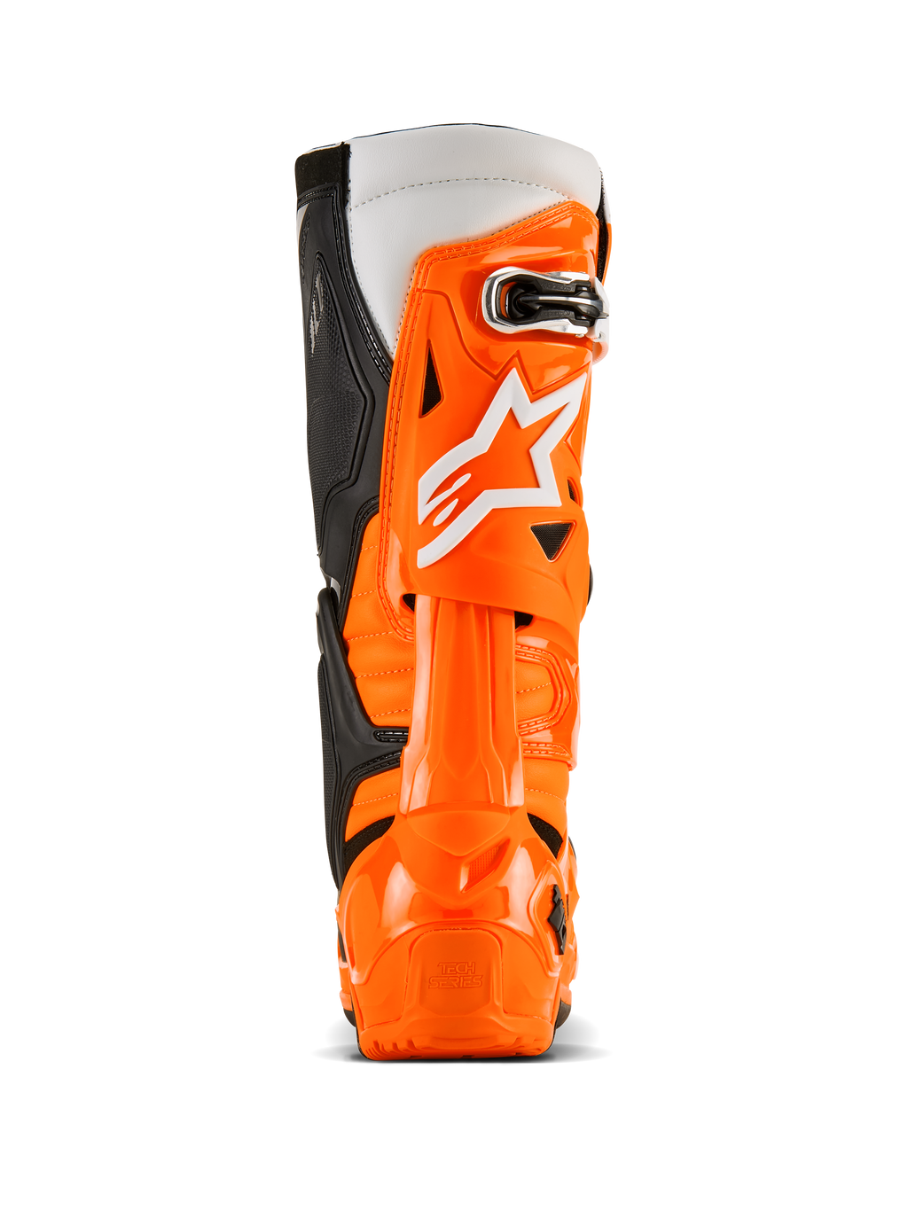 Alpinestars Tech 10 Enduro laarzen, achteraanzicht, Orange Fluo Black White, levendige oranje TPU beschermende schaal, wit Alpinestars-logo, zwarte zijpanelen en gespecialiseerde hielbescherming voor off-road rijden
