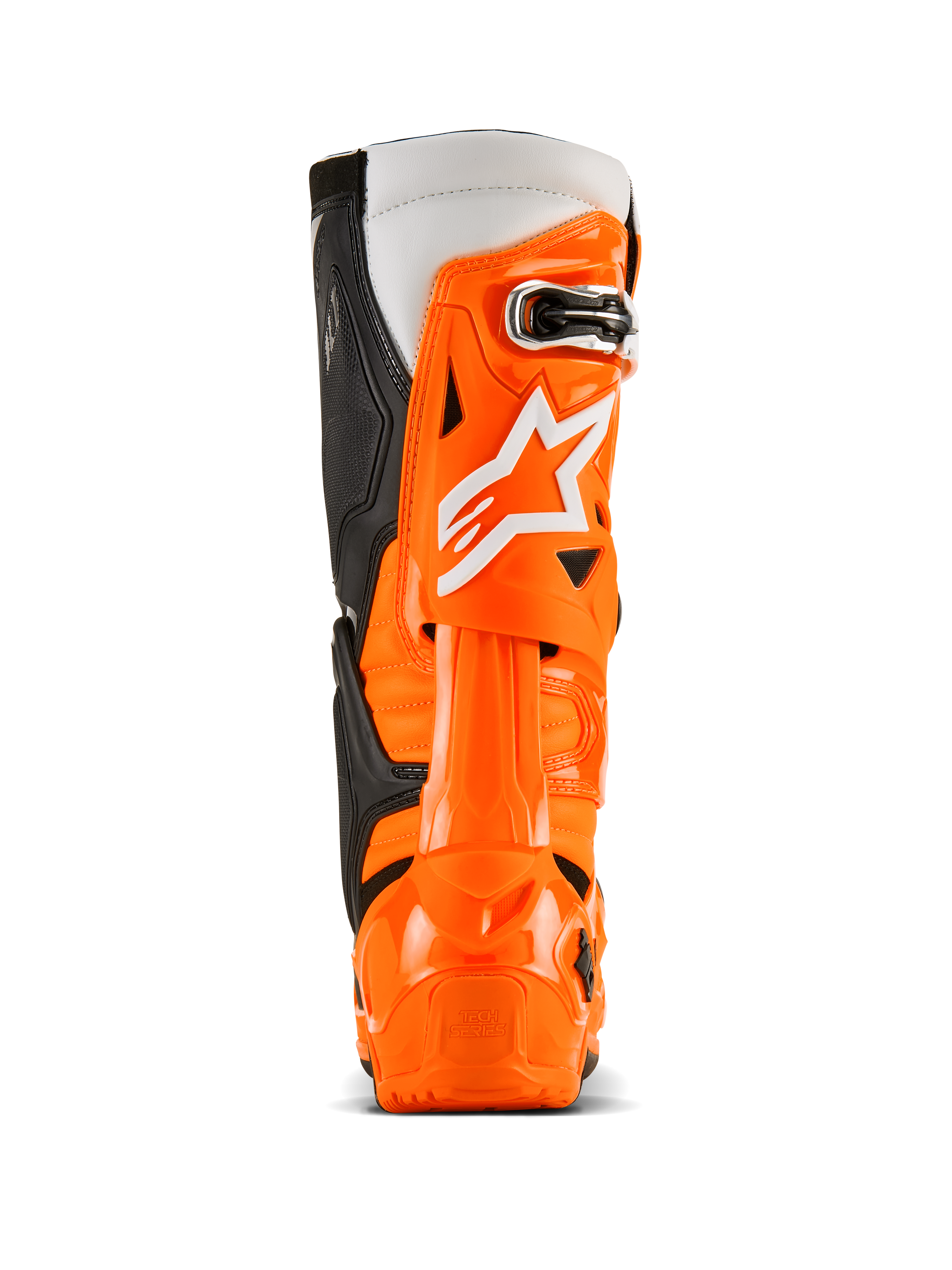 Alpinestars Tech 10 Enduro laarzen, achteraanzicht, Orange Fluo Black White, levendige oranje TPU beschermende schaal, wit Alpinestars-logo, zwarte zijpanelen en gespecialiseerde hielbescherming voor off-road rijden