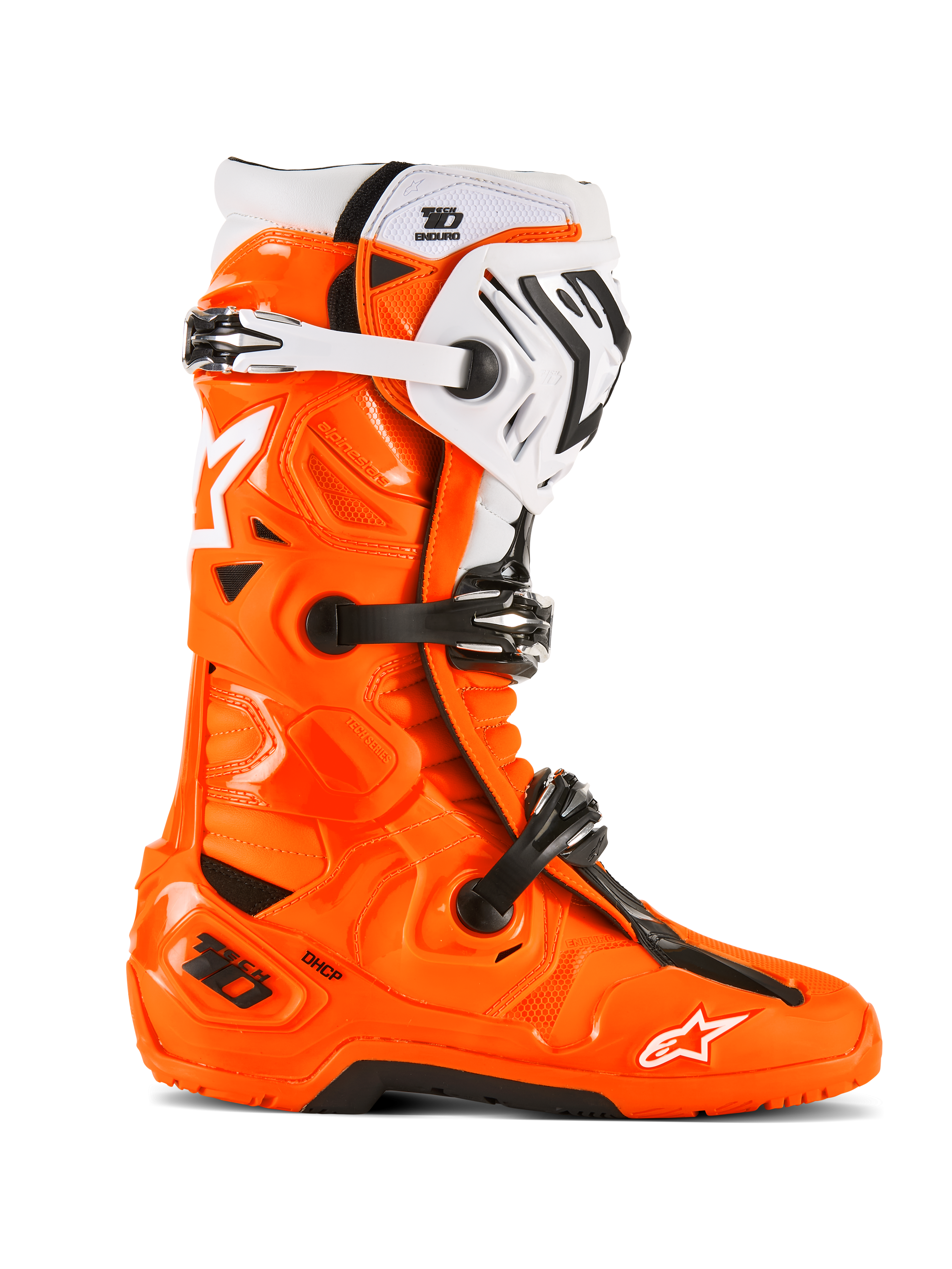 Alpinestars Tech 10 Enduro laarzen, motorcross terreinlaarzen, fluo oranje met zwarte en witte accenten, zijaanzicht met drievoudig gespsluitsysteem, robuuste zwarte zool en beschermende TPU-constructie voor enduro rijden.