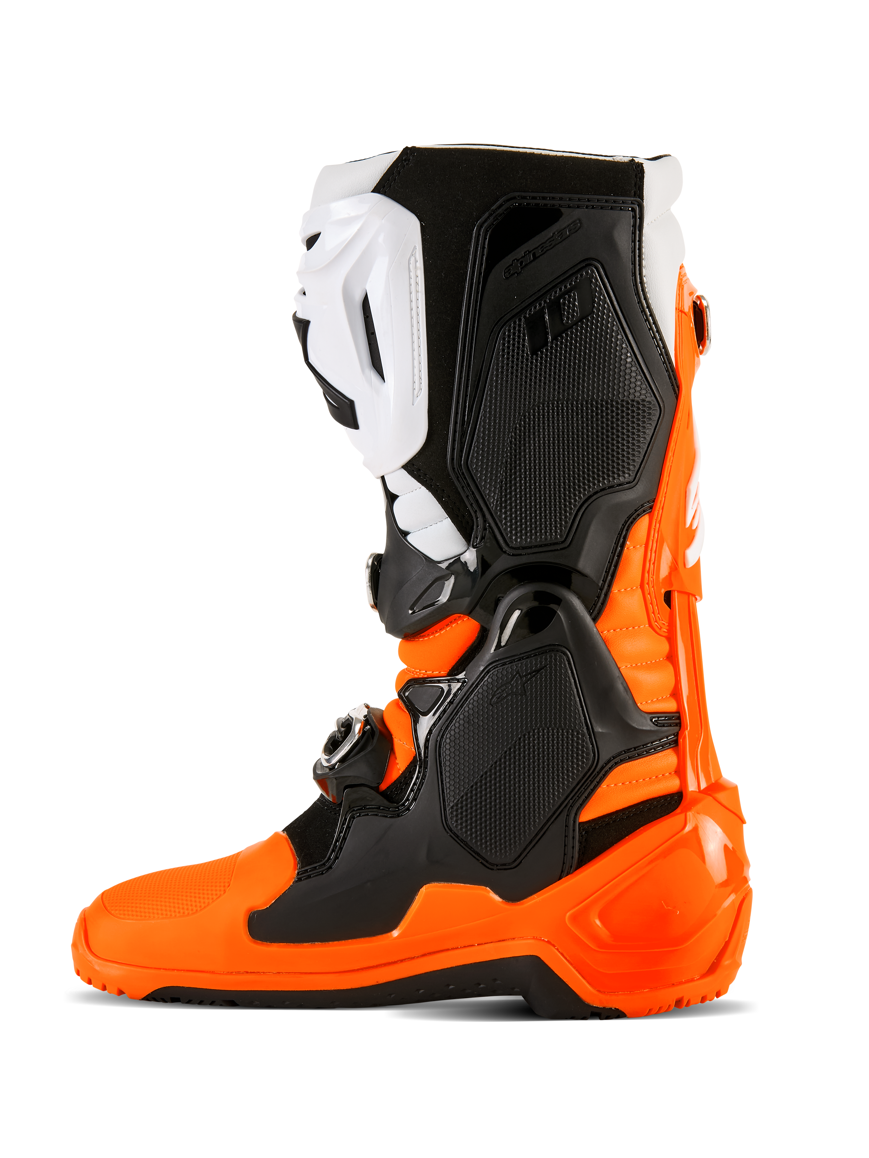 Alpinestars Tech 10 Enduro laarzen, fluo oranje, zwart en wit, hoogwaardige motorcross- en off-roadlaarzen met een drievoudig gespsluitingssysteem, beschermende TPU-panelen en een speciale Enduro dual-compound zool voor extra grip.