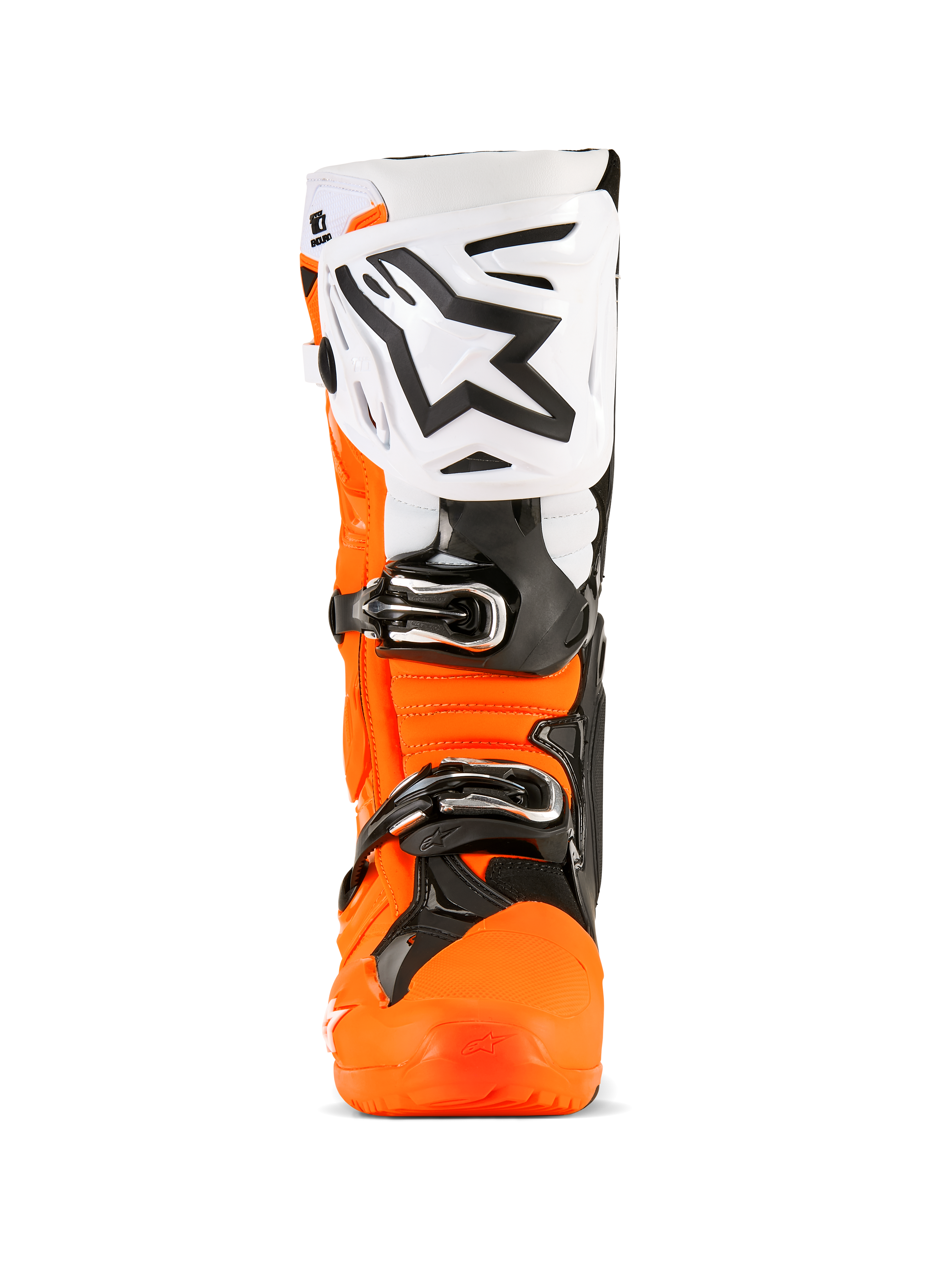 Alpinestars Tech 10 Enduro laarzen, motorcrosslaarzen, fluo oranje, zwart en wit, vooraanzicht met grote witte scheenplaat en zwart Alpinestars-logo, zwarte gespen en robuuste oranje beschermende schaal