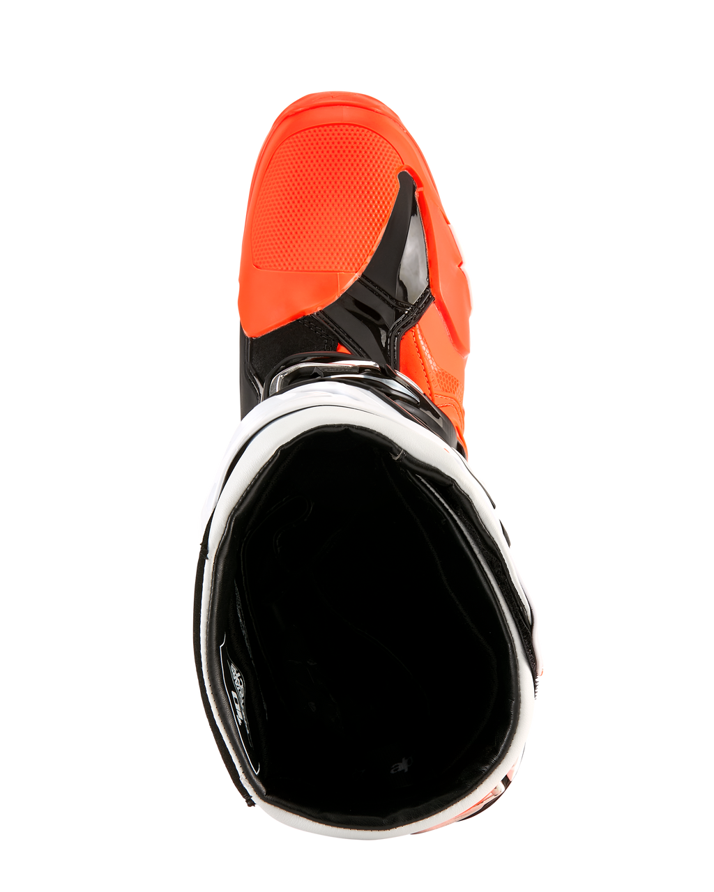 Alpinestars Tech 10 Enduro laarzen, oranje fluo, zwart en wit, bovenaanzicht met zicht in de laarsopening, zwarte binnenvoering en feloranje neus, professioneel off-road motorschoeisel