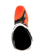 Alpinestars Tech 10 Enduro laarzen, oranje fluo, zwart en wit, bovenaanzicht met zicht in de laarsopening, zwarte binnenvoering en feloranje neus, professioneel off-road motorschoeisel