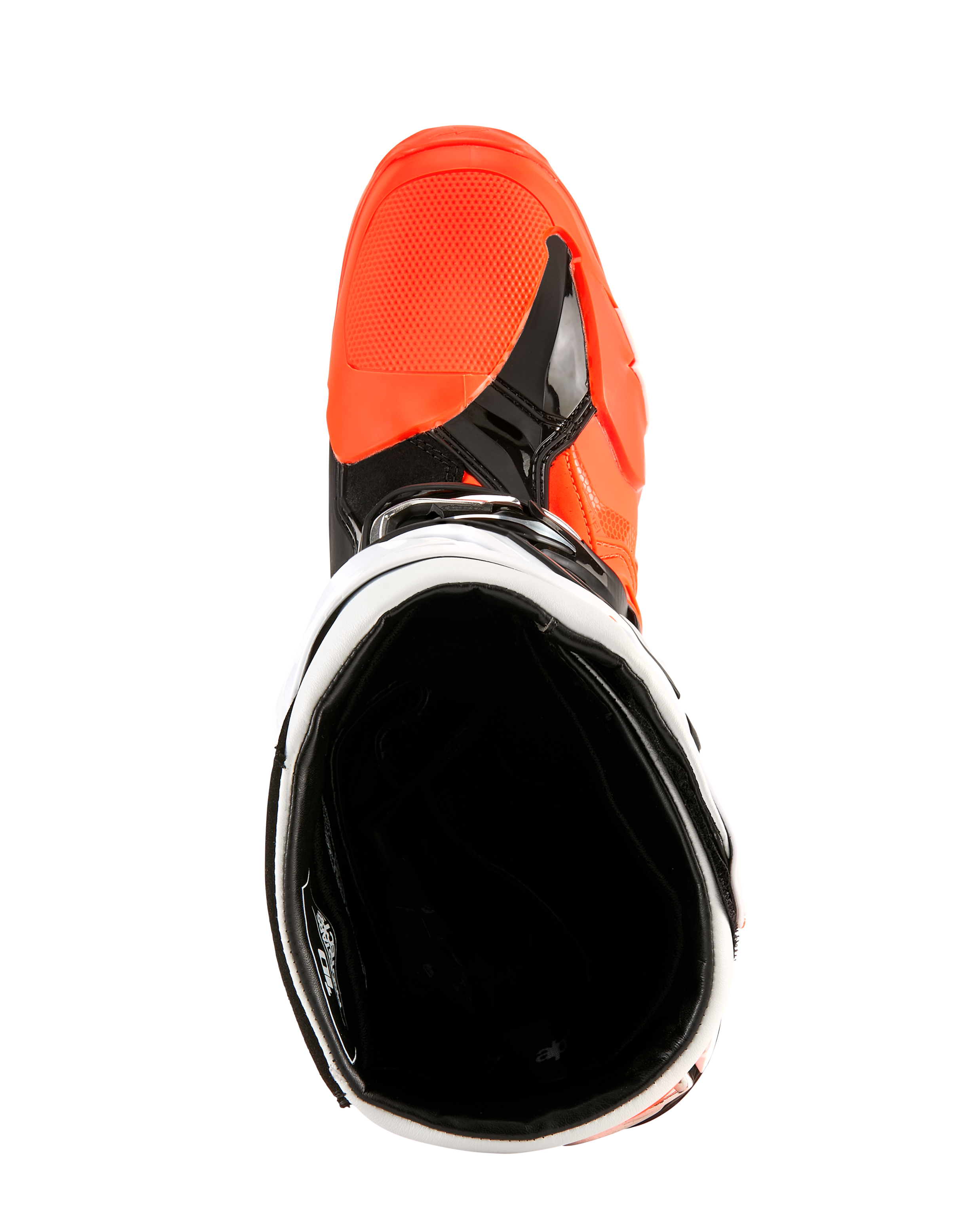 Alpinestars Tech 10 Enduro laarzen, oranje fluo, zwart en wit, bovenaanzicht met zicht in de laarsopening, zwarte binnenvoering en feloranje neus, professioneel off-road motorschoeisel