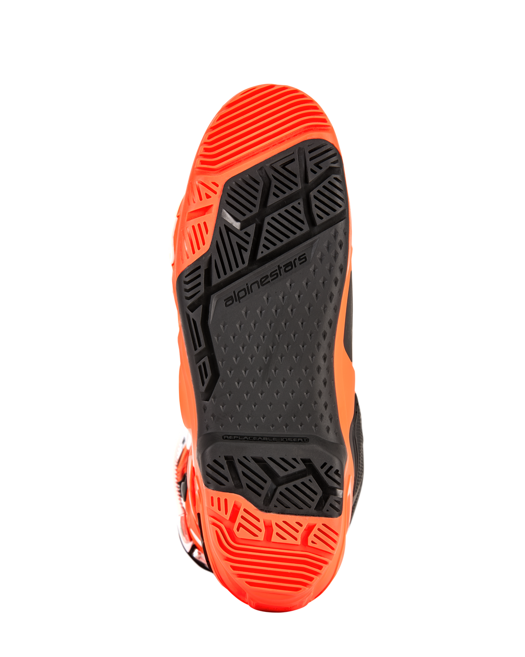 Alpinestars Tech 10 Enduro laarzen, gedetailleerde weergave van de zool, oranje fluo en zwart, voorzien van een gespecialiseerd loopvlak met dubbele samenstelling, geometrische patronen met hoge grip en een vervangbaar voetsteun-inzetstuk voor off-road prestaties