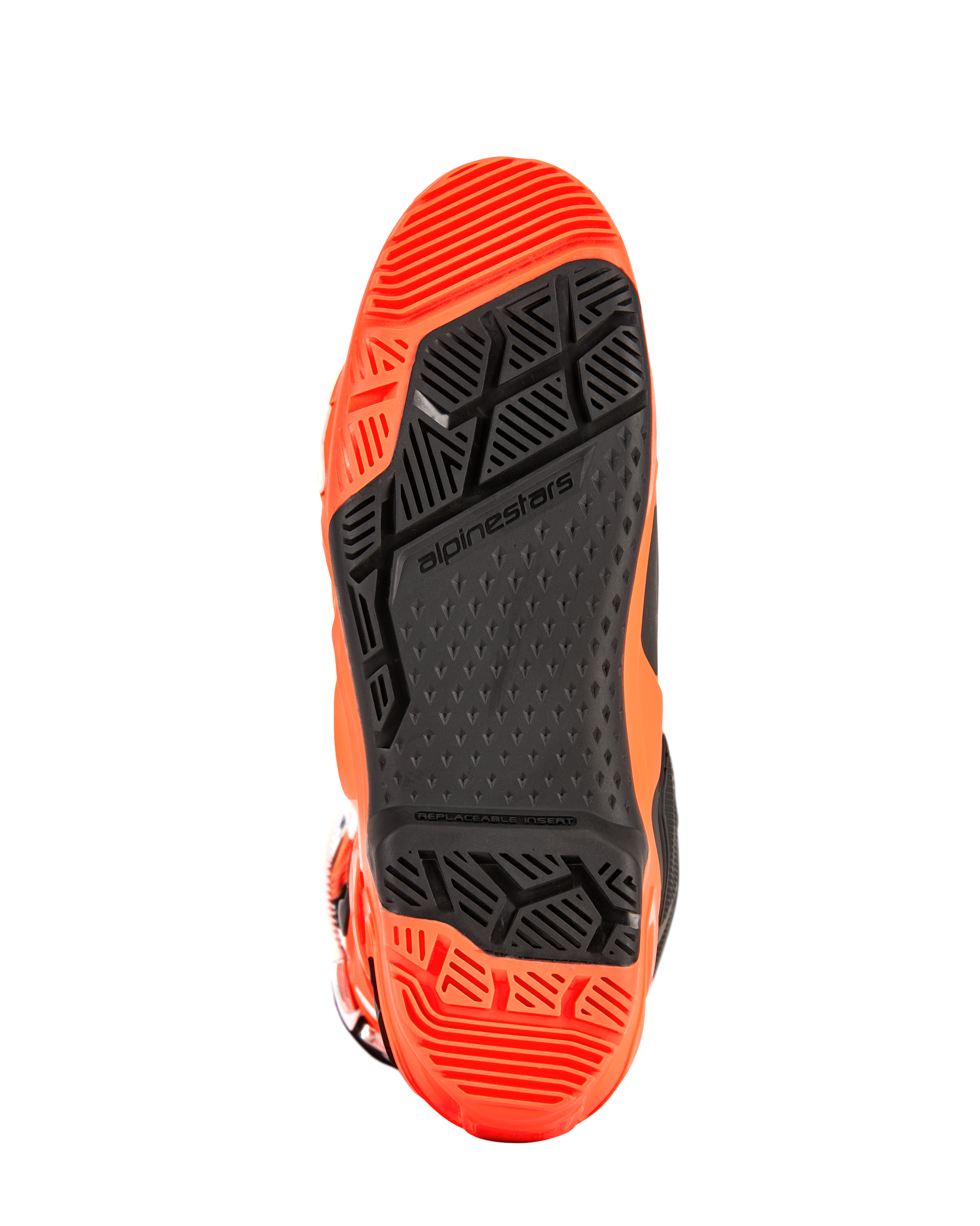 Alpinestars Tech 10 Enduro laarzen, gedetailleerde weergave van de zool, oranje fluo en zwart, voorzien van een gespecialiseerd loopvlak met dubbele samenstelling, geometrische patronen met hoge grip en een vervangbaar voetsteun-inzetstuk voor off-road prestaties