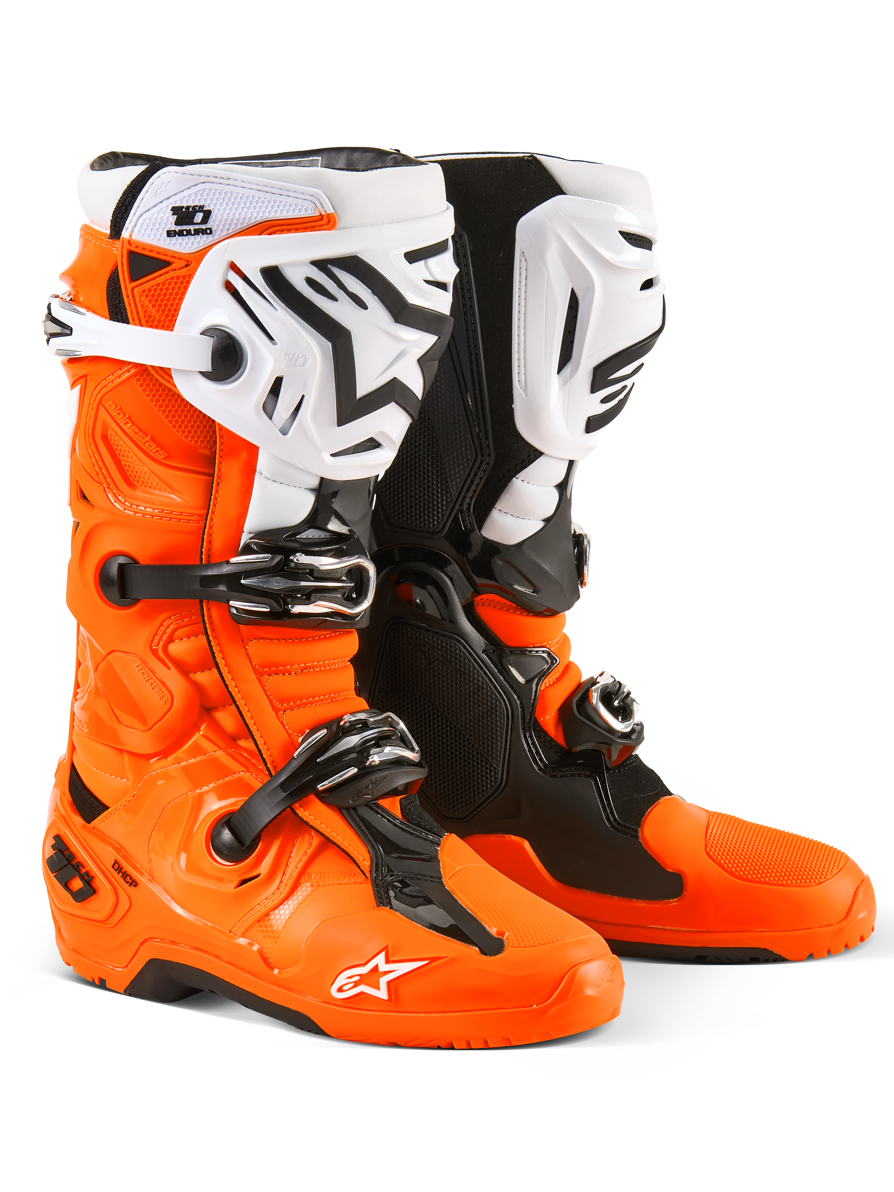 Alpinestars Tech 10 Enduro laarzen, motorcross- en enduro-laarzen, oranje fluo, zwart en wit, voorzien van een drievoudig gespsluitsysteem, witte scheenplaten met zwart Alpinestars-logo en robuuste dual-compound zolen, beschermend off-road schoeisel