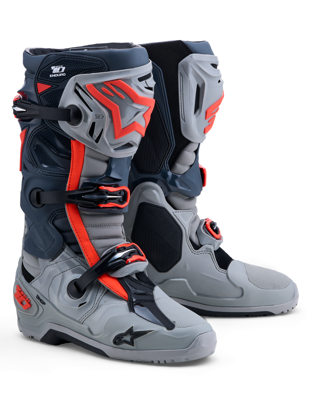 Alpinestars Tech-10 Enduro laarzen, off-road herenlaarzen in grijs en rood fluo, TPU-bescherming, CE-gecertificeerd.