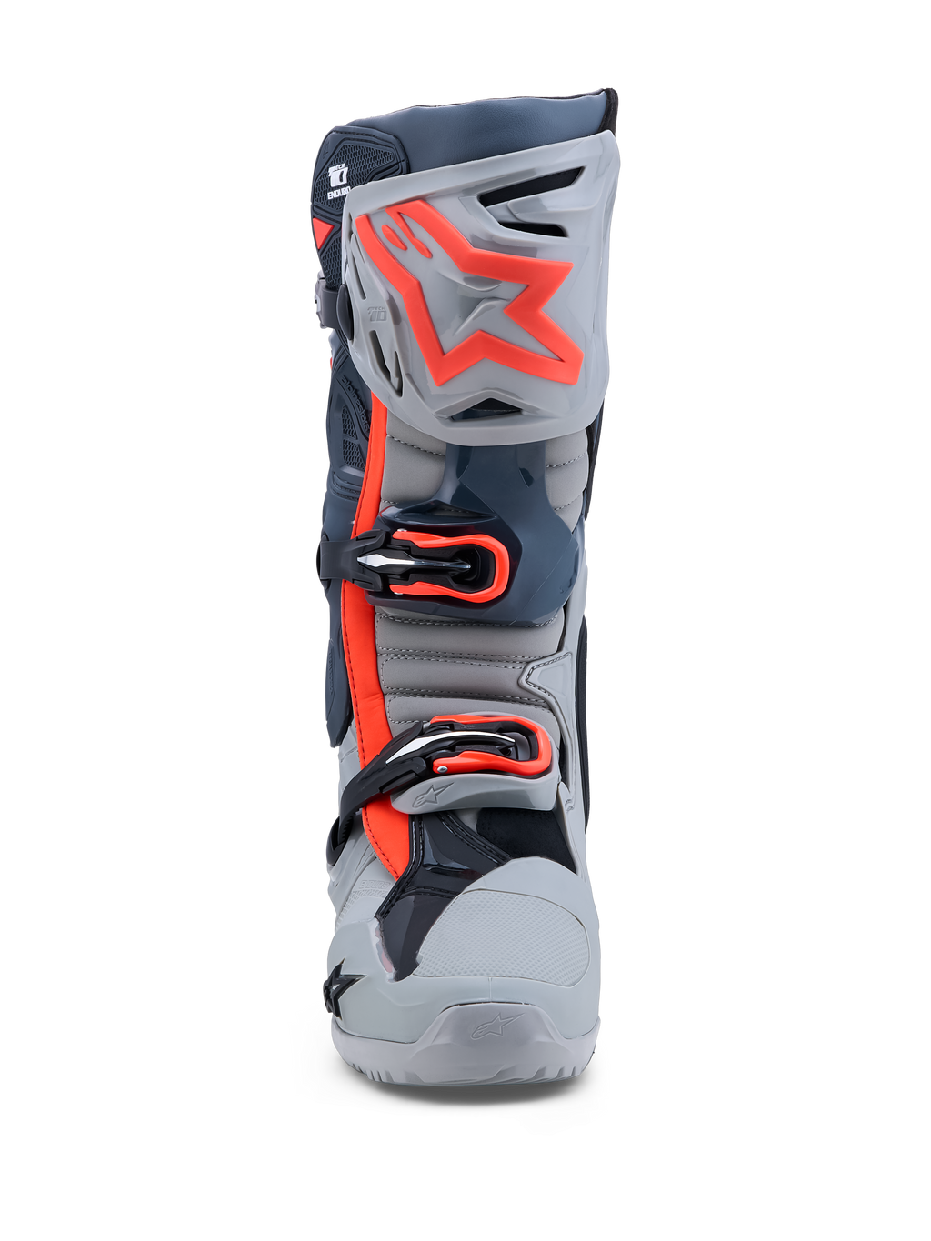 Alpinestars Tech-10 Enduro laarzen, grijze en fluo rode motorlaarzen met drievoudige gespsluiting en TPU-scheenplaat.