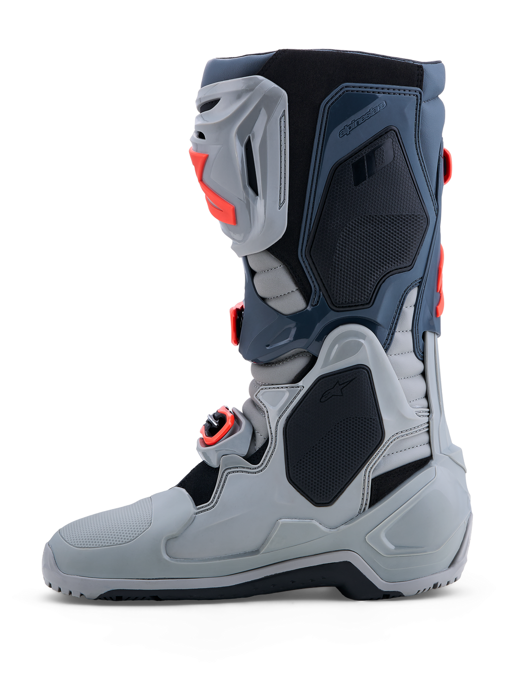 Alpinestars Tech-10 Enduro laarzen, grijze en rode heren-off-road motorlaarzen met TPU-bescherming en gespen voor enduro-races