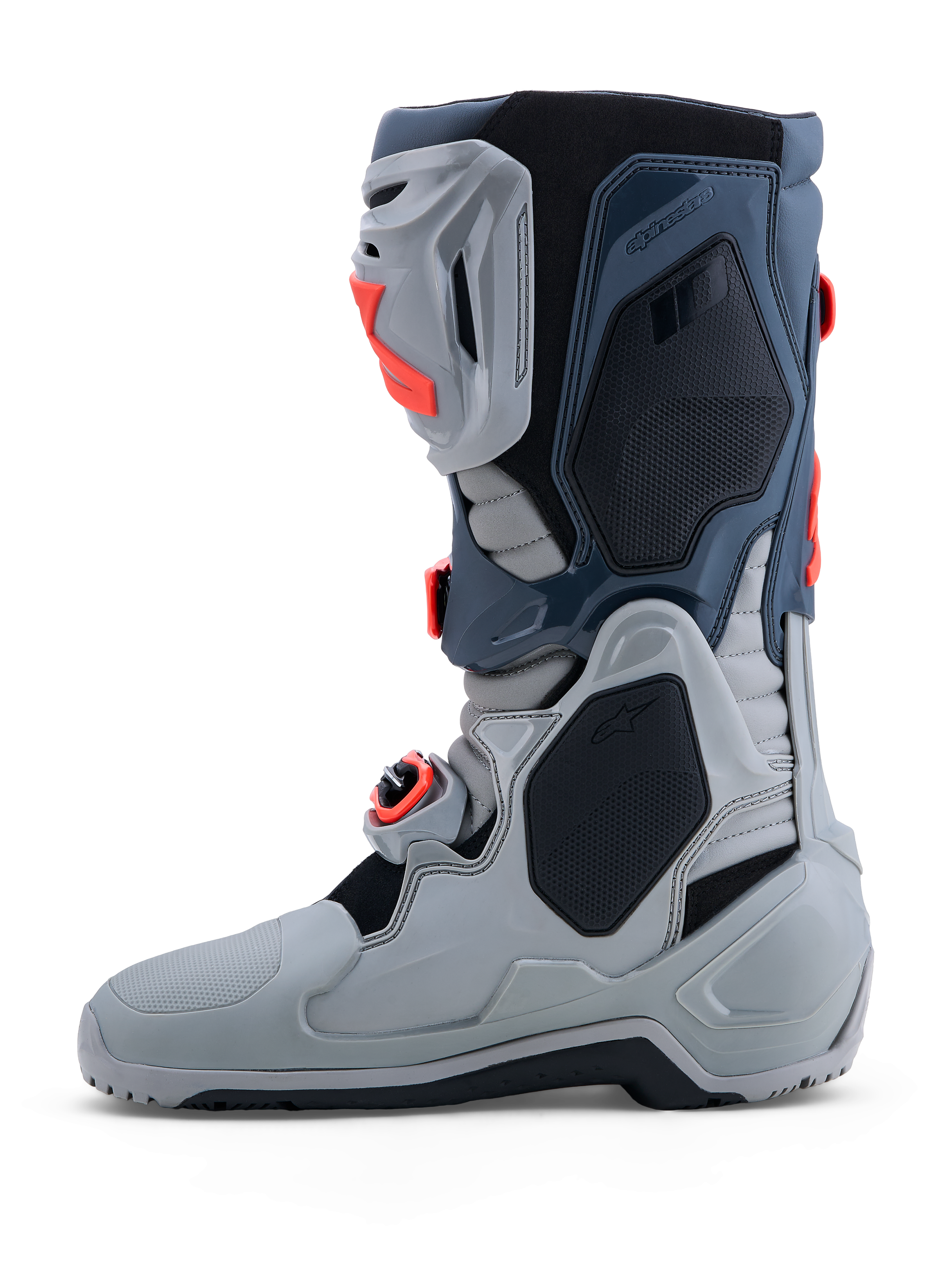 Alpinestars Tech-10 Enduro laarzen, grijze en rode heren-off-road motorlaarzen met TPU-bescherming en gespen voor enduro-races