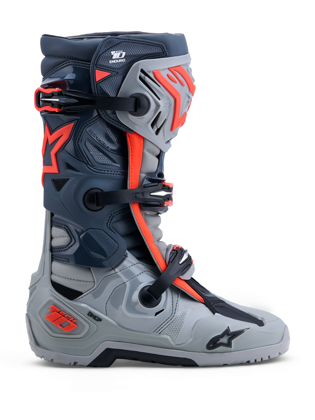 Alpinestars Tech-10 Enduro laarzen, off-road motorlaarzen, grijs en fluo rood, DCHP en TPU-bescherming.