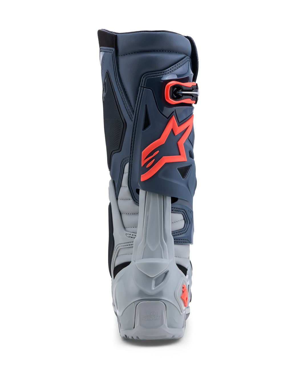 Alpinestars Tech-10 Enduro laarzen, off-road motorlaarzen in grijs en neonrood met TPU-hielbescherming, CE-gecertificeerd.