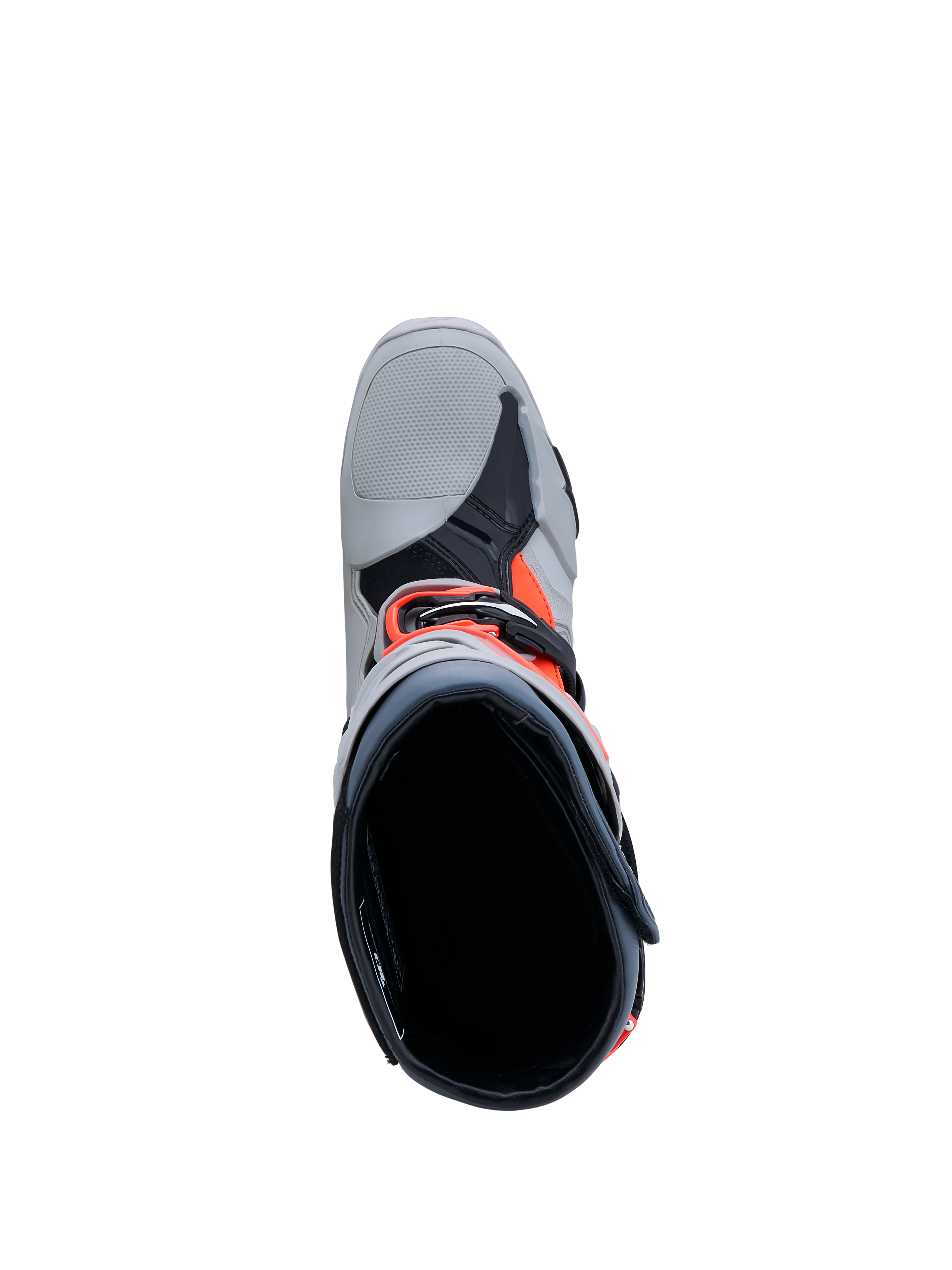 Alpinestars Tech-10 Enduro laarzen, heren motorcrosslaarzen in grijs en fluoriserend rood, bovenaanzicht met binnenvoering en gespsluiting.