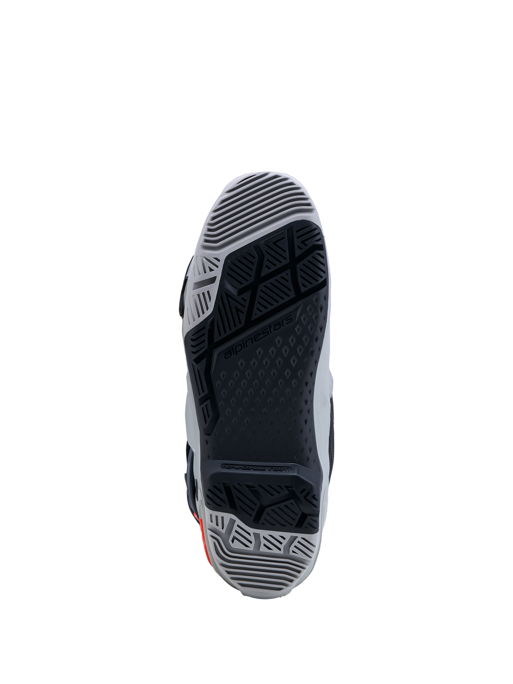 Alpinestars Tech-10 Enduro laarzen, grijze en zwarte dual-compound zool met vervangbaar inzetstuk voor maximale off-road grip.
