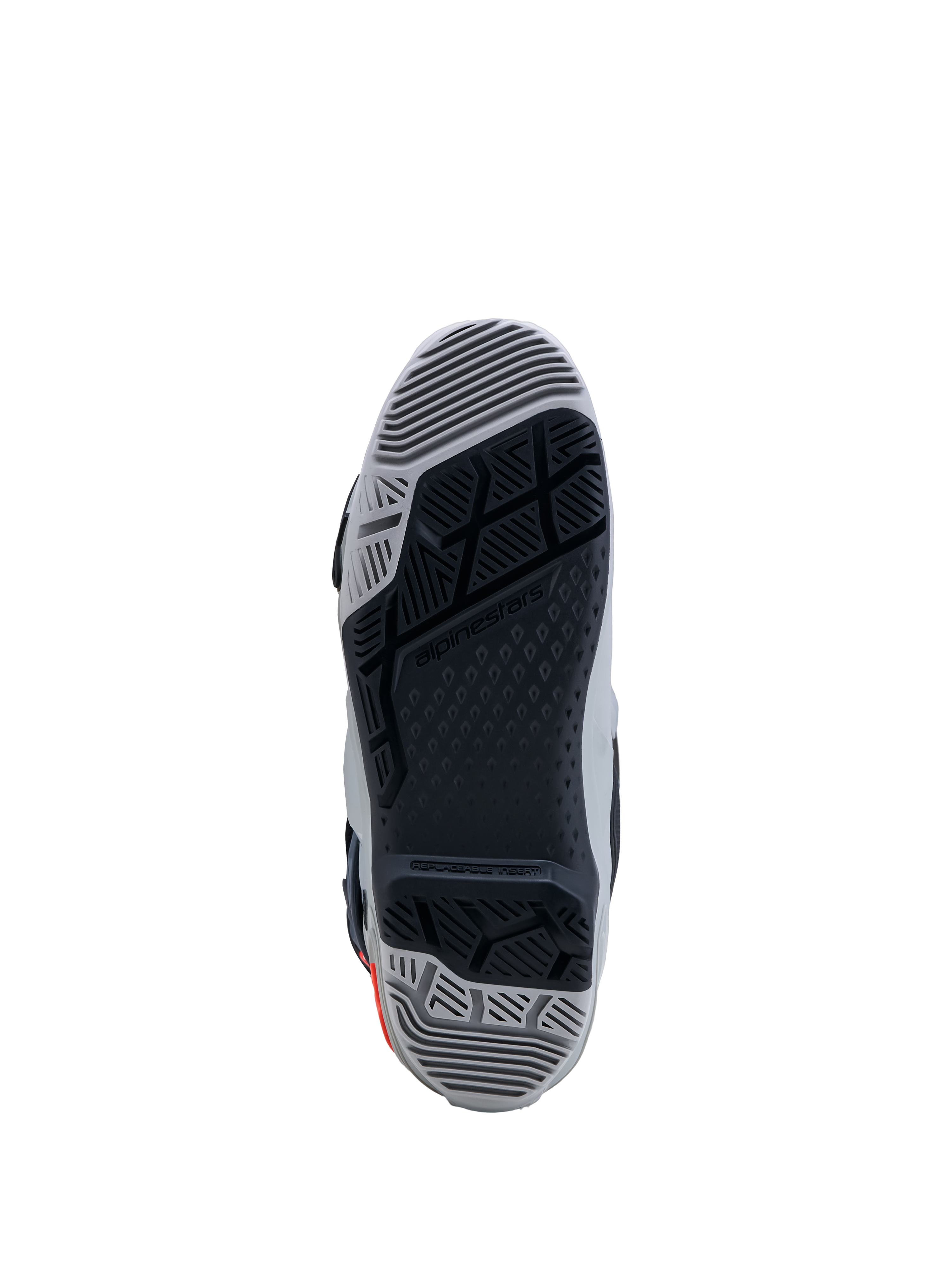 Alpinestars Tech-10 Enduro laarzen, grijze en zwarte dual-compound zool met vervangbaar inzetstuk voor maximale off-road grip.