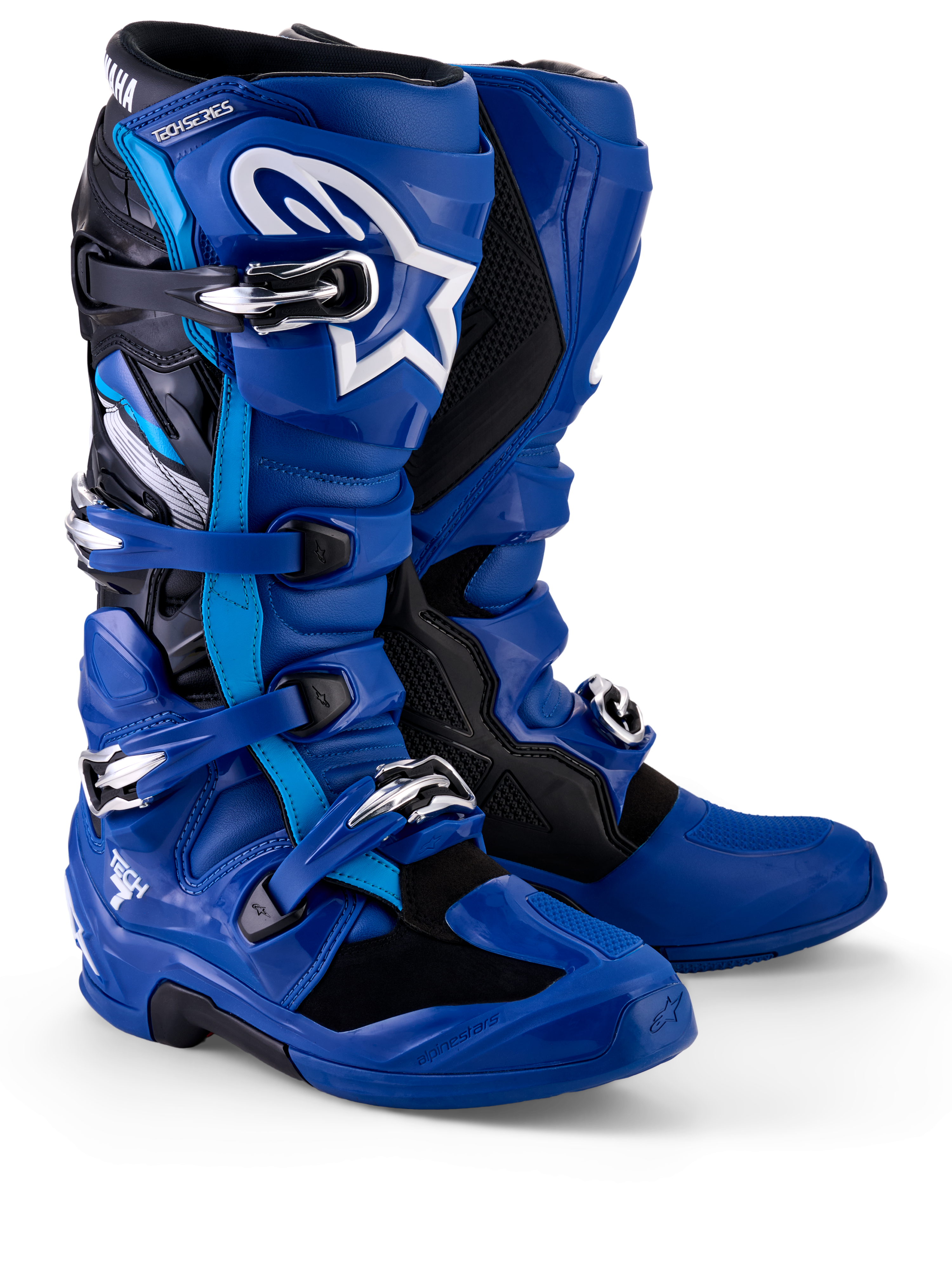 Alpinestars Yamaha Tech 7 laarzen, motorcrosslaarzen, blauw, zwart en wit, voorzien van een sluitingssysteem met meerdere gespen, TPU-scheenplaat met wit Astar-logo en Yamaha-branding op de bovenste gaiter, ontworpen voor off-road prestaties