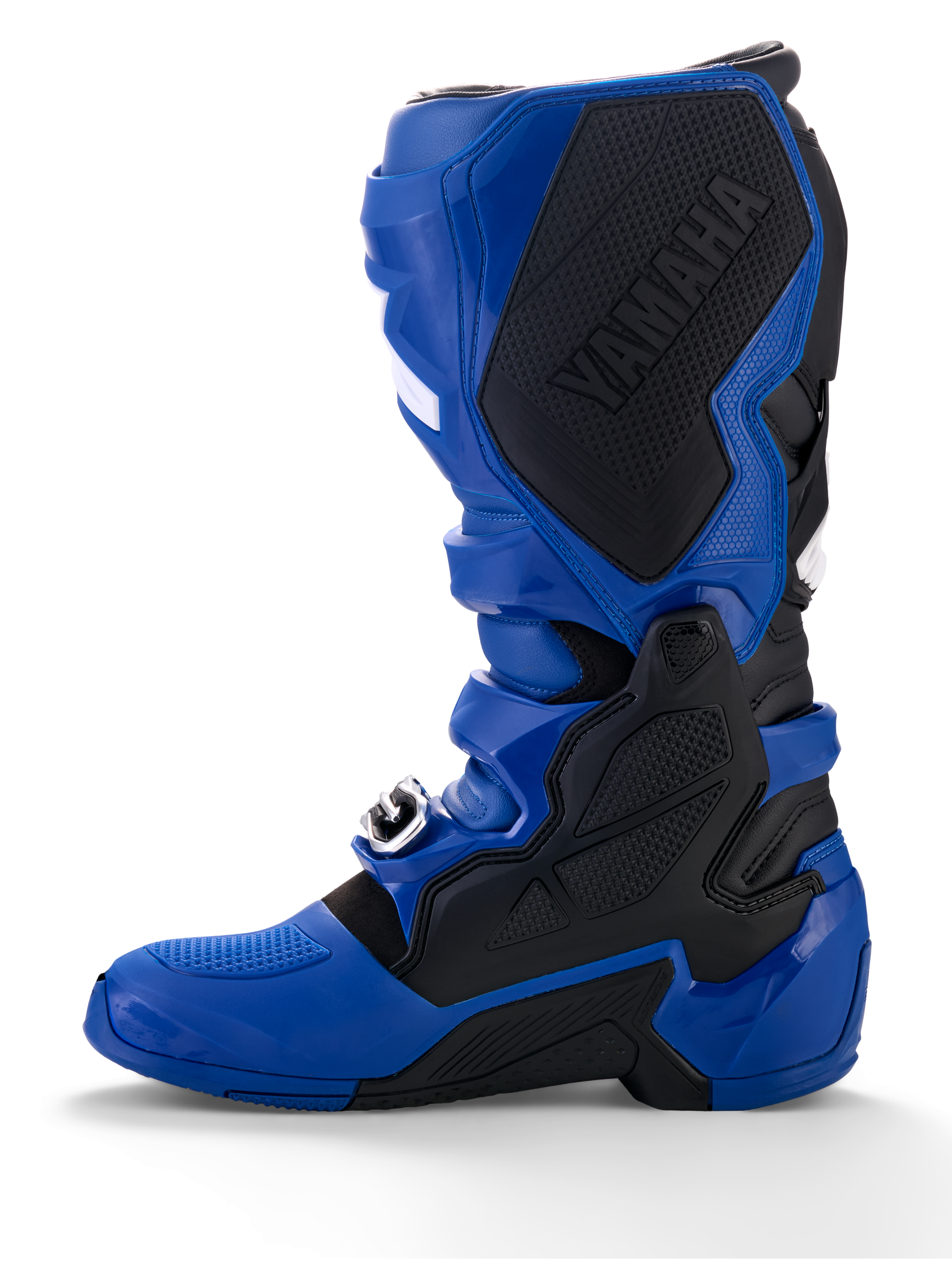 Alpinestars Yamaha Tech 7 laarzen, motorcrosslaarzen, blauw en zwart, voorzien van een groot zwart Yamaha-logo op het binnenste mediale paneel, TPU-bescherming en een robuuste zool voor off-road prestaties