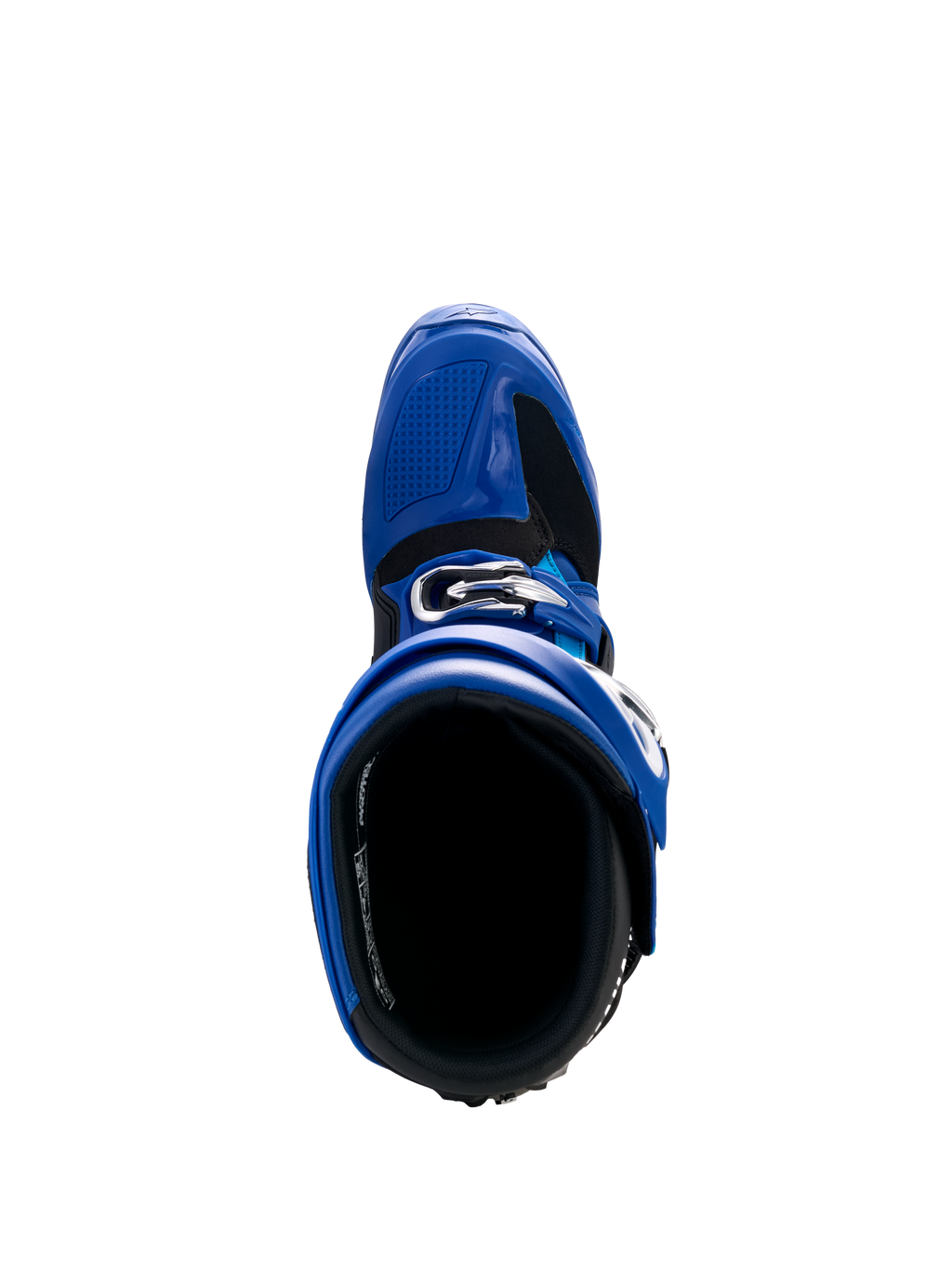 Alpinestars Yamaha Tech 7 laarzen, motorcrosslaarzen, blauw, zwart en wit, bovenaanzicht met de binnenopening en het verstelbare gespsysteem, hoogwaardig beschermend schoeisel voor off-road racen