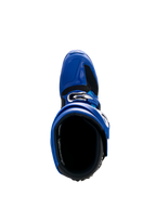 Alpinestars Yamaha Tech 7 laarzen, motorcrosslaarzen, blauw, zwart en wit, bovenaanzicht met de binnenopening en het verstelbare gespsysteem, hoogwaardig beschermend schoeisel voor off-road racen